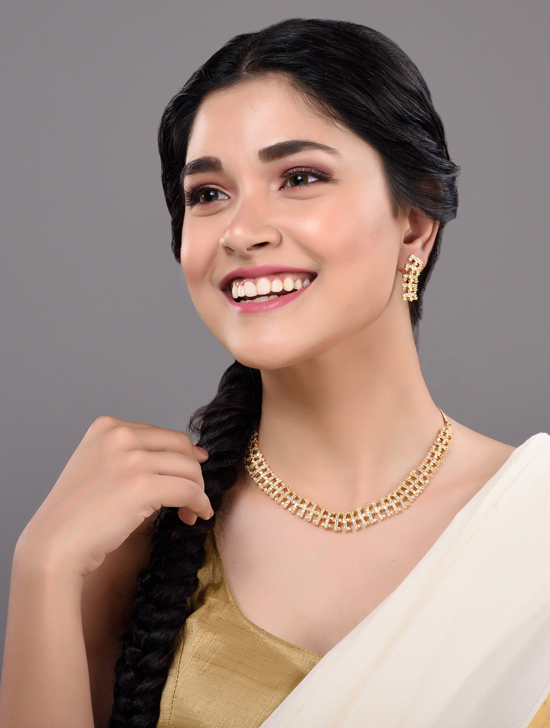 Gold Plated white AD Studded fancy Choker Necklace and Earrings Set