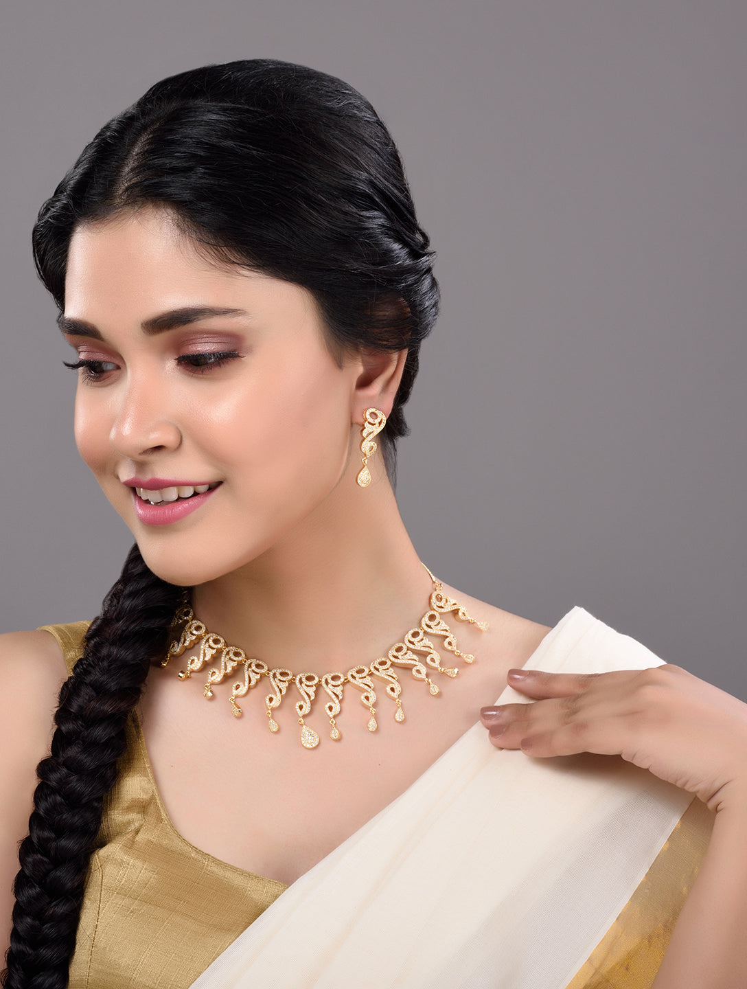Gold Plated white AD Studded Stylish Choker Necklace dropdown Earrings Set