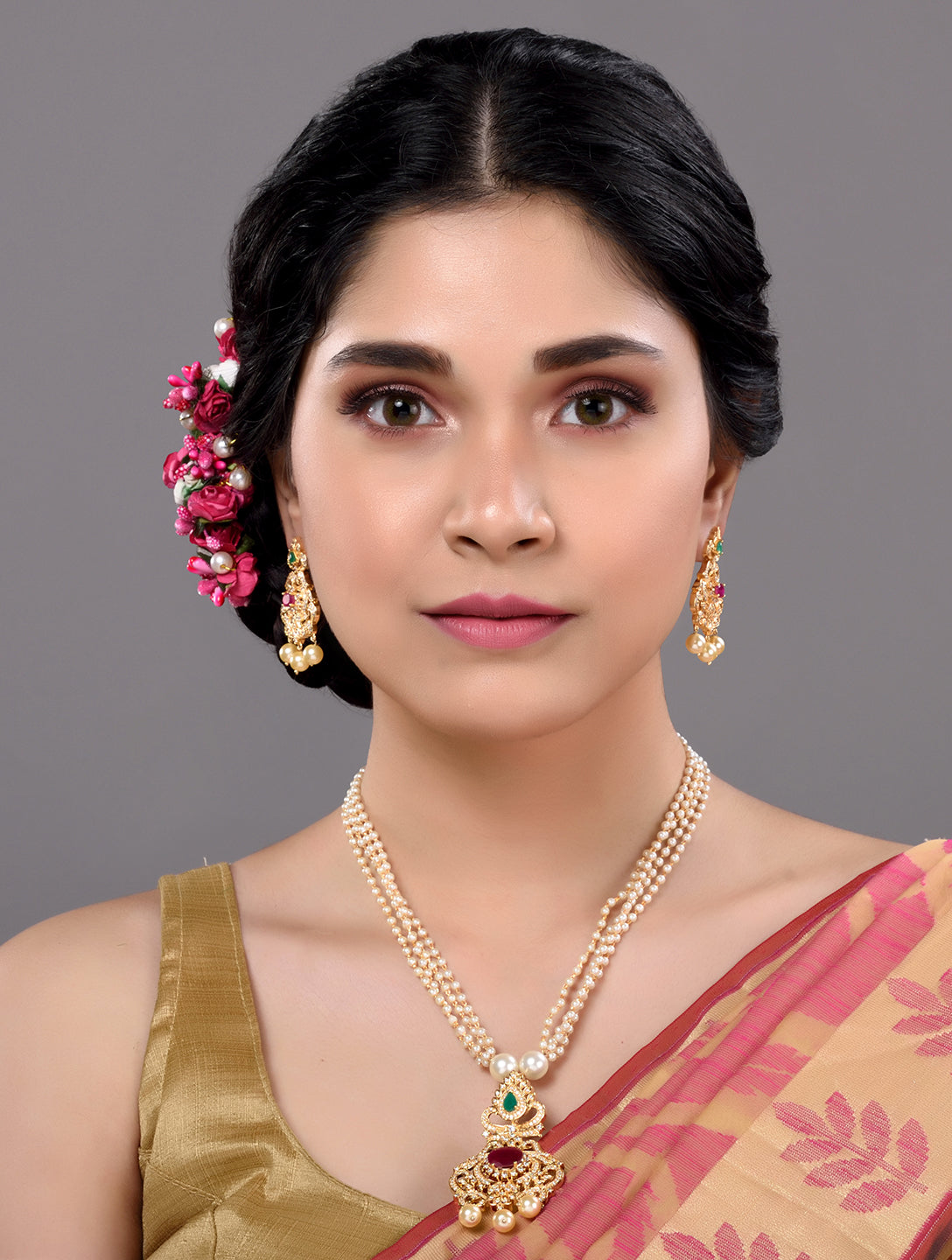 Gold Plated Multi AD studded traditional Necklace Earrings