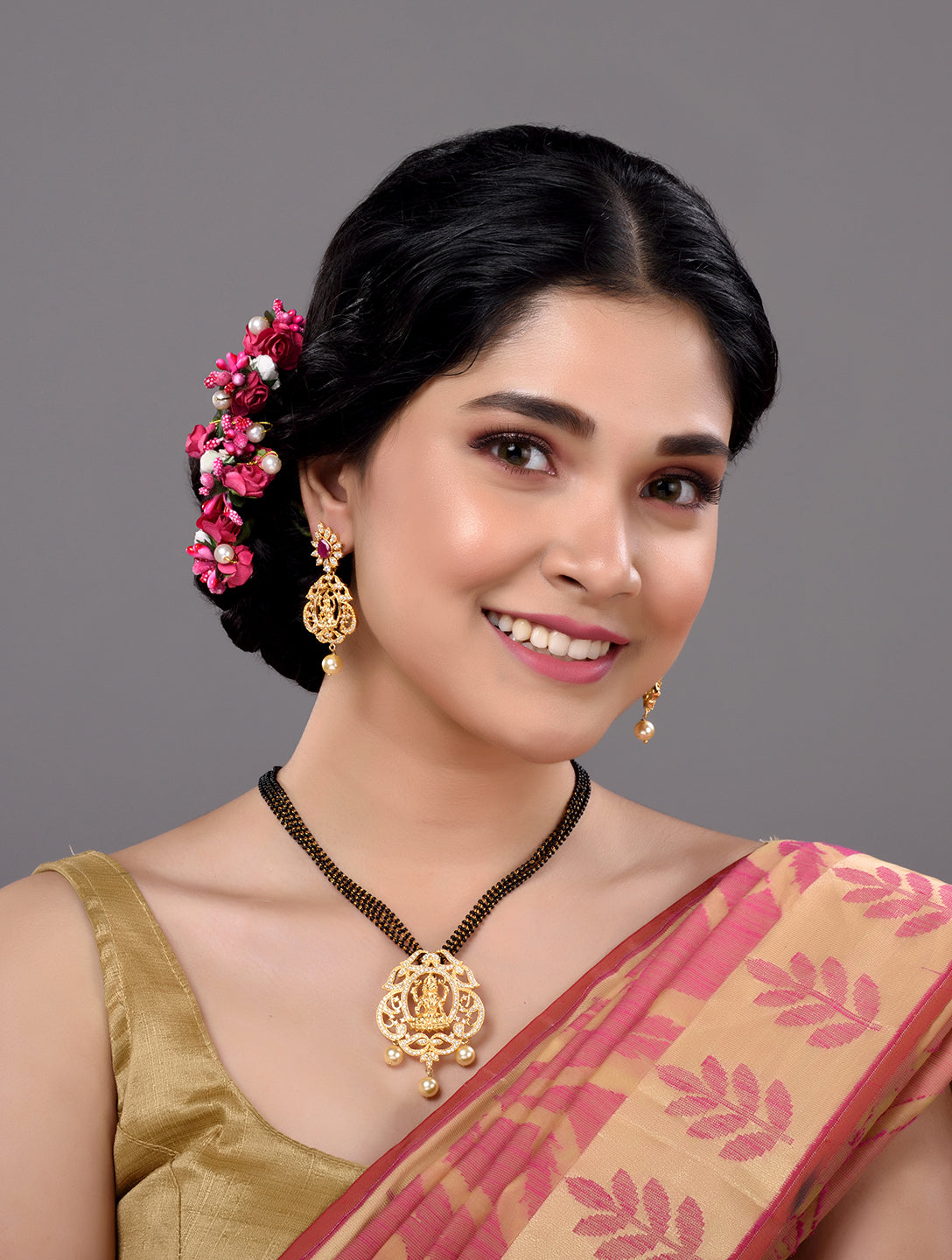 Gold Plated AD Studded Antique Temple Pendant Black Beads mala and Earrings Set