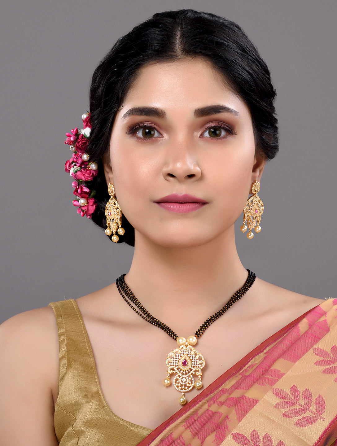 Gold Plated Red AD Studded Traditional Intricate Pendant Necklace Black beads Mala and Earrings