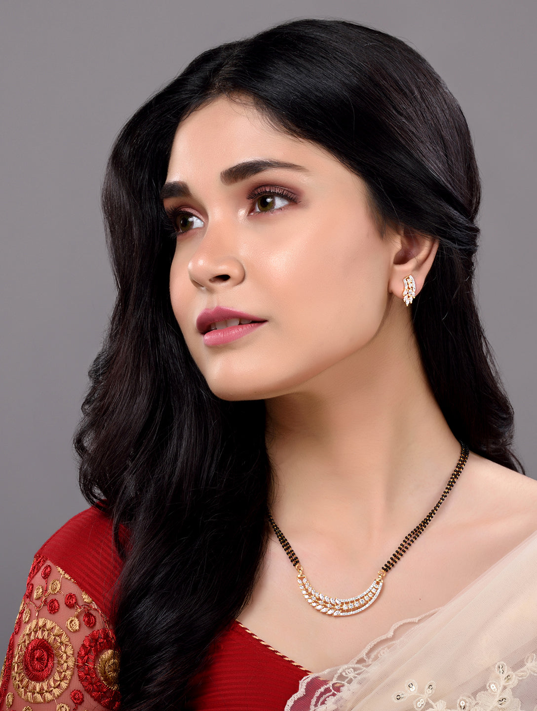 Gold Plated Black Beads AD Studded Designer Mangalsutra Combo Earrings Set