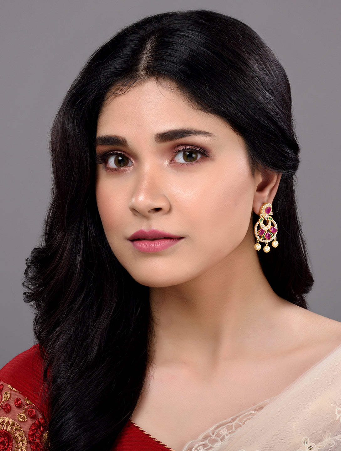 Gold Plated Multi AD and Pearl studded Chandbali shaped Handcrafted Earrings