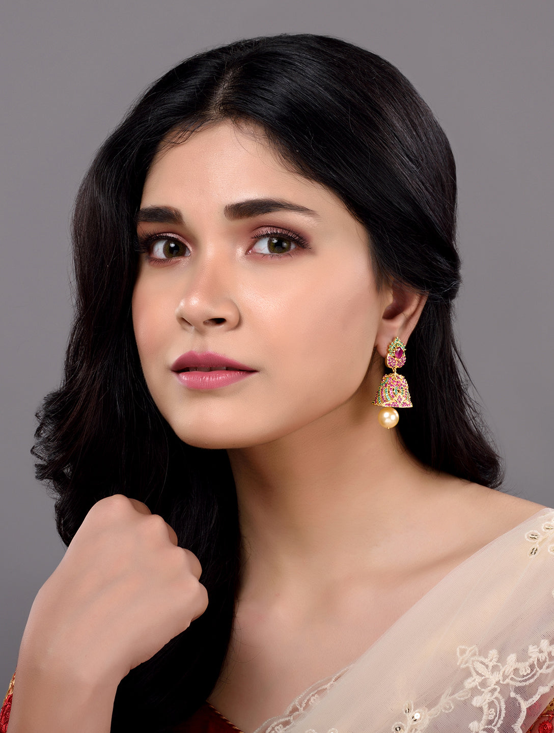 Gold Plated Multi AD and Pearl studded Jhumka Handcrafted Earrings