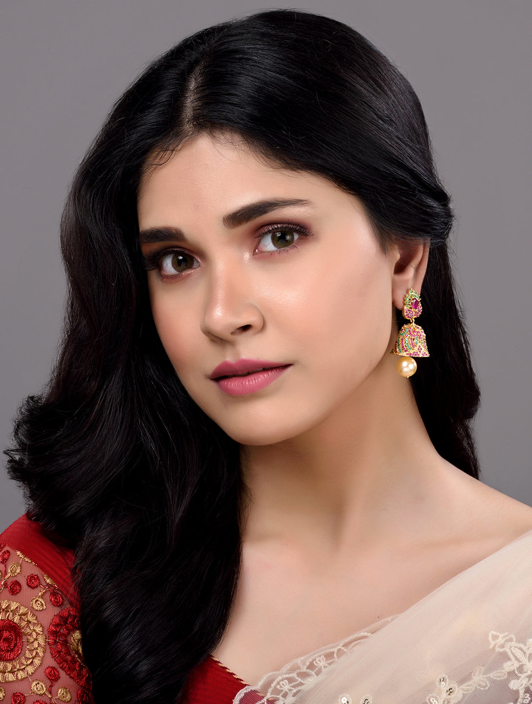 Gold Plated Multi AD and Pearl studded Jhumka Handcrafted Earrings