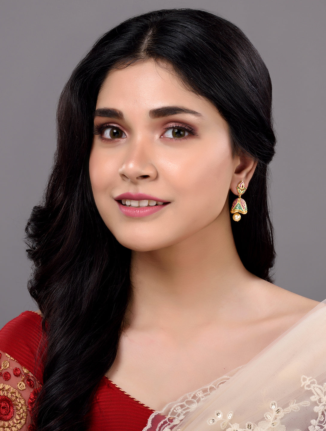 Gold Plated Multi AD and Pearl studded Handcrafted Jhumka Earrings