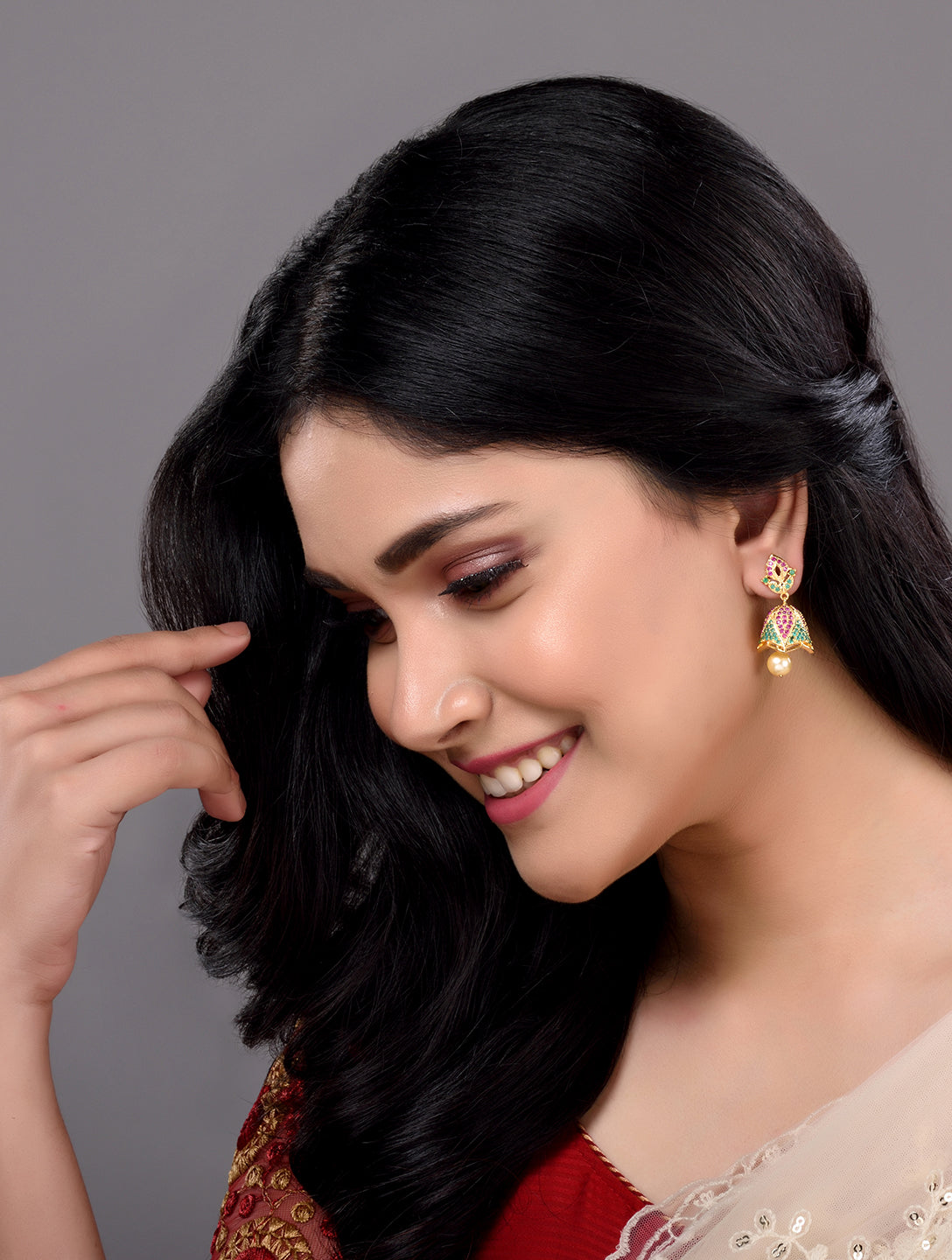 Gold Plated Multi AD and Pearl studded Handcrafted Jhumka Earrings