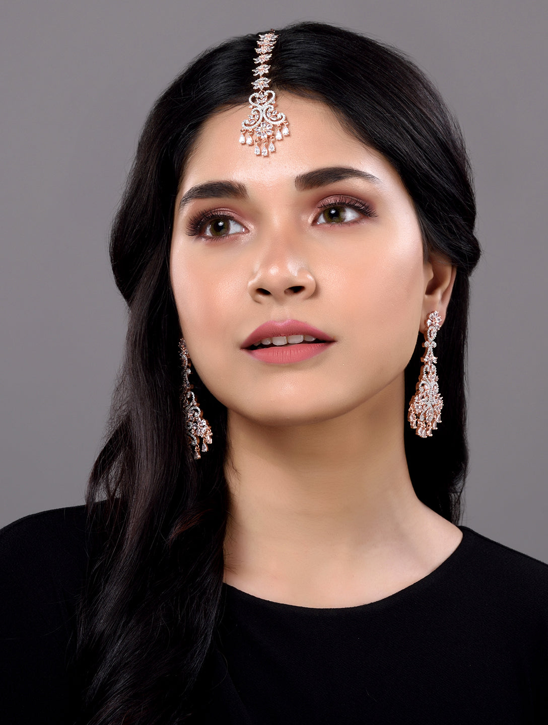 Rose Gold plated AD studded flower Design Mangtika & Earring set