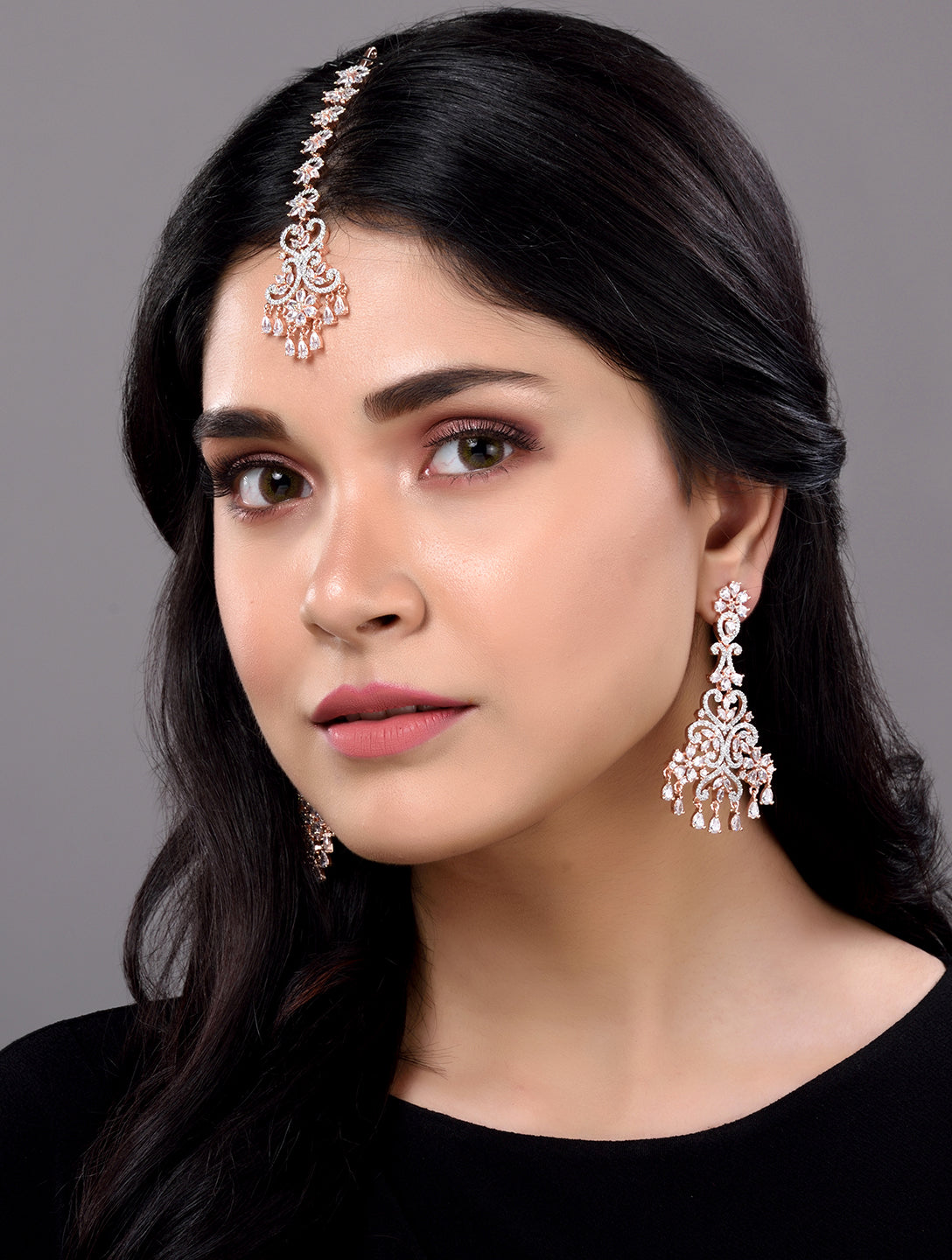 Rose Gold plated AD studded flower Design Mangtika & Earring set