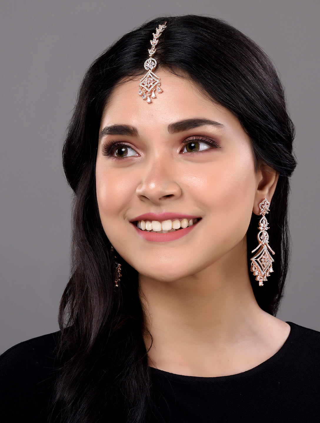 Rose Gold plated AD studded Mangtika & Earring set