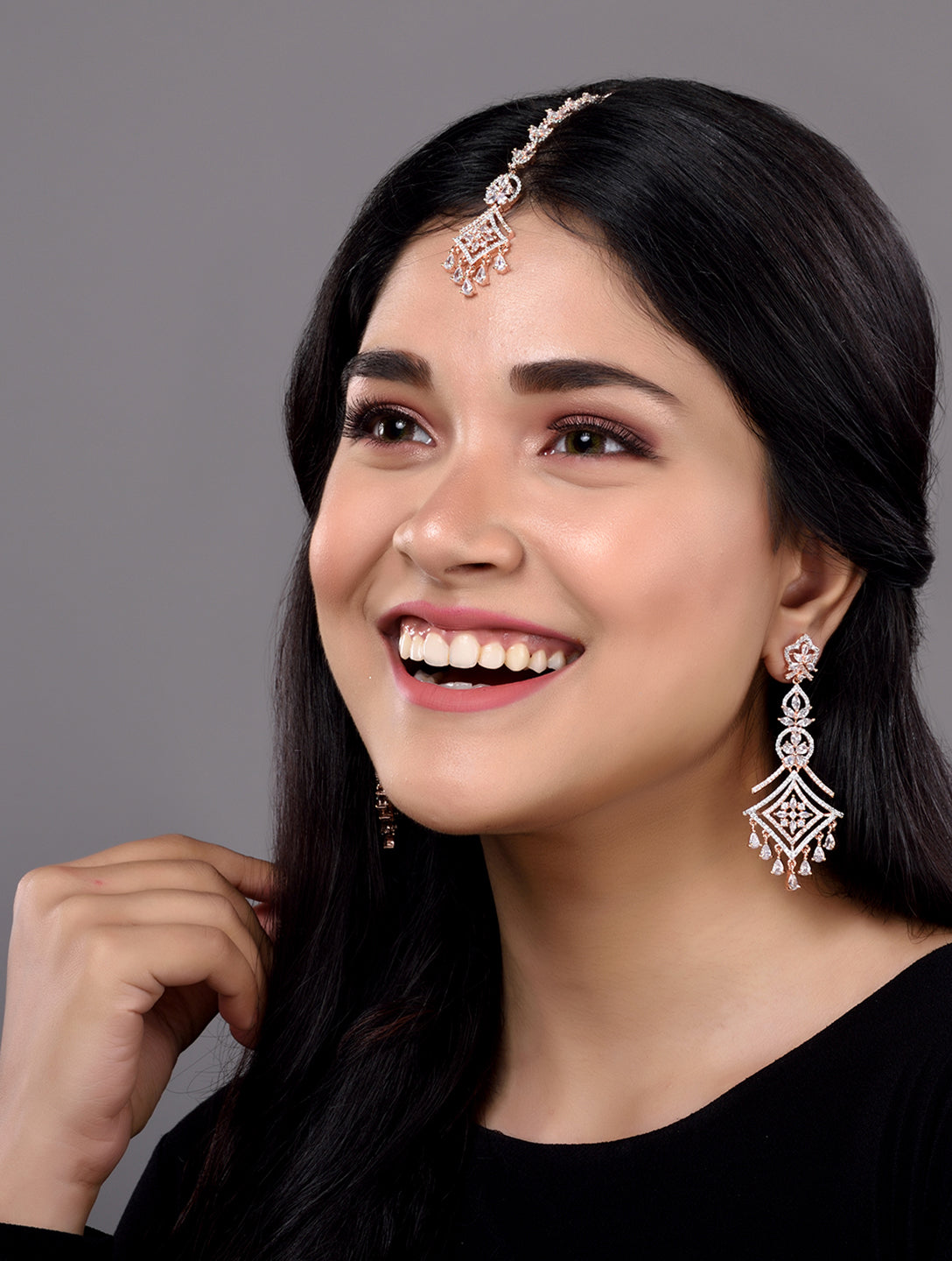 Rose Gold plated AD studded Mangtika & Earring set