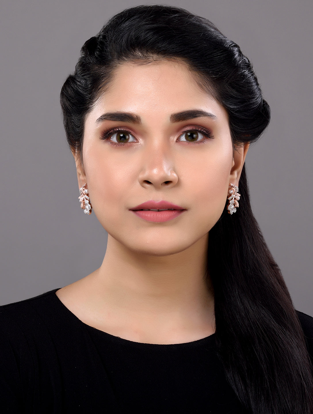 Rose Gold Plated white AD and Pearl studded Flower Stud Handcrafted Earrings