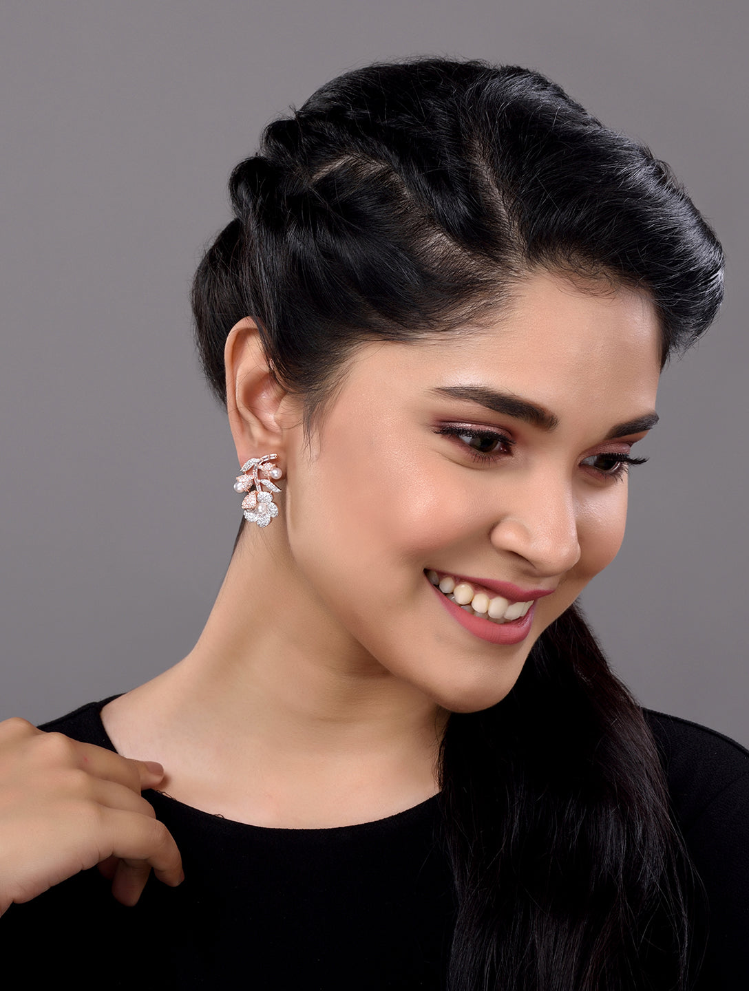 Rose Gold Plated white AD and Pearl studded Flower Stud Handcrafted Earrings