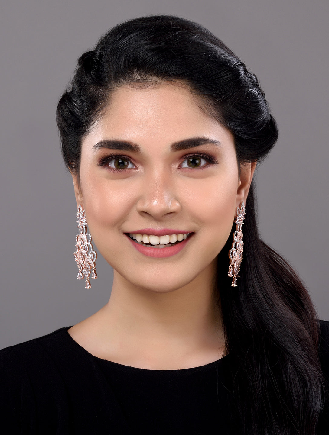 Rose Gold Plated White AD Studded Floral Chandelier Dropdown Handcrafted Earrings