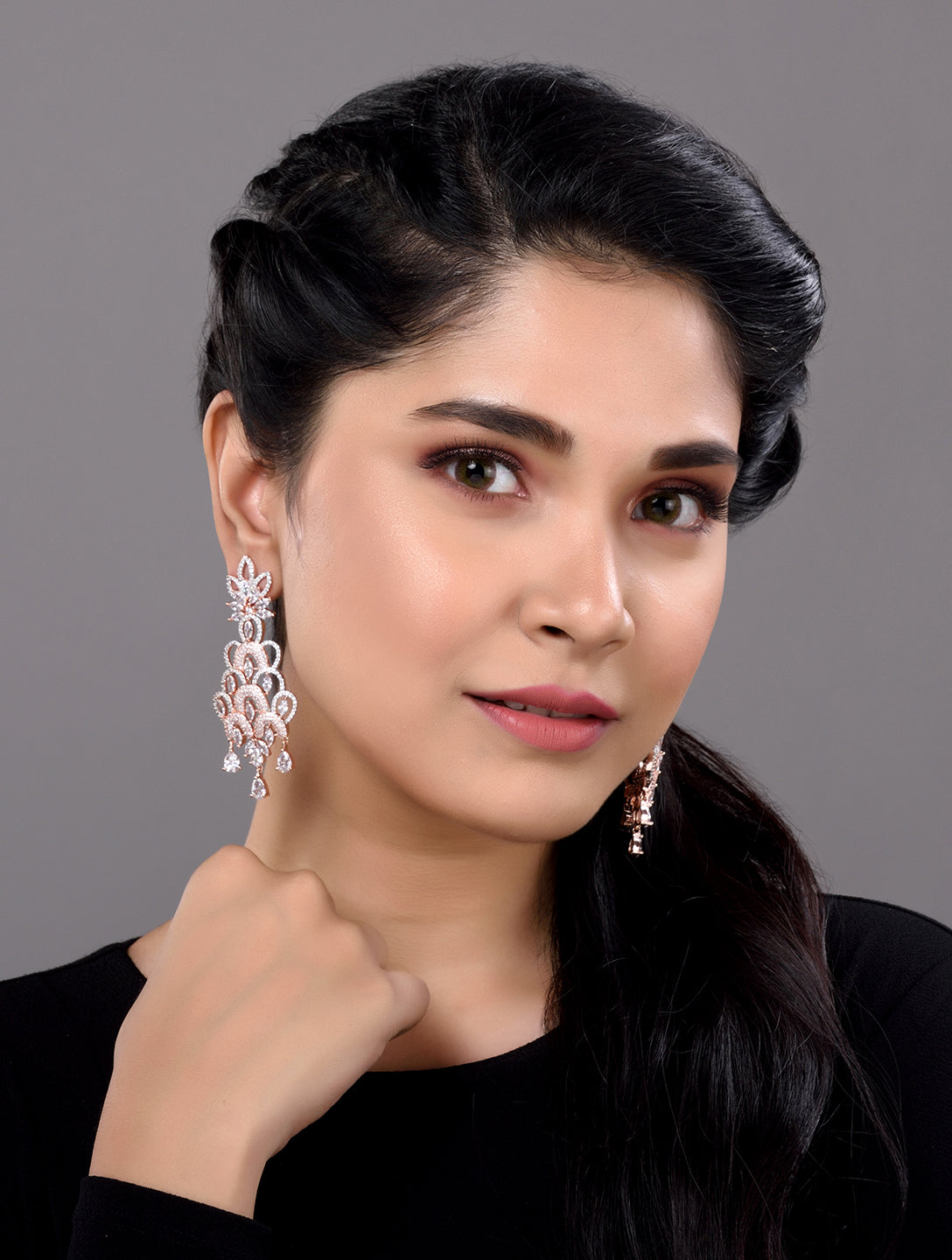 Rose Gold Plated White AD Studded Floral Chandelier Dropdown Handcrafted Earrings