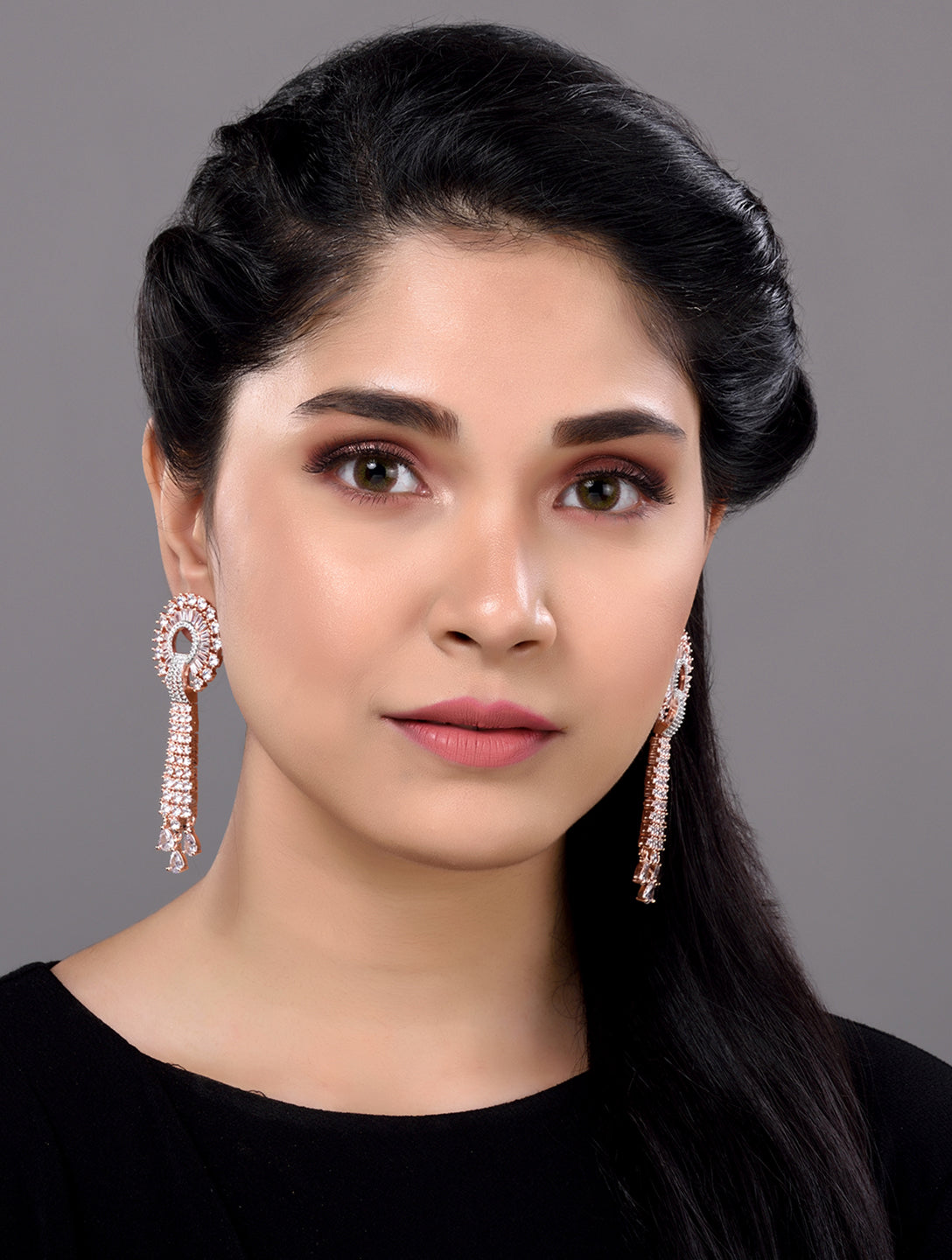 Rose Gold plated White AD studded Knotted Long Dropdown Handcrafted Earrings