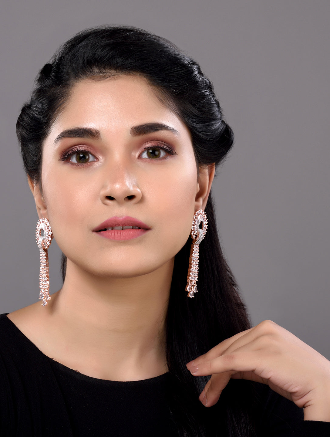 Rose Gold plated White AD studded Knotted Long Dropdown Handcrafted Earrings