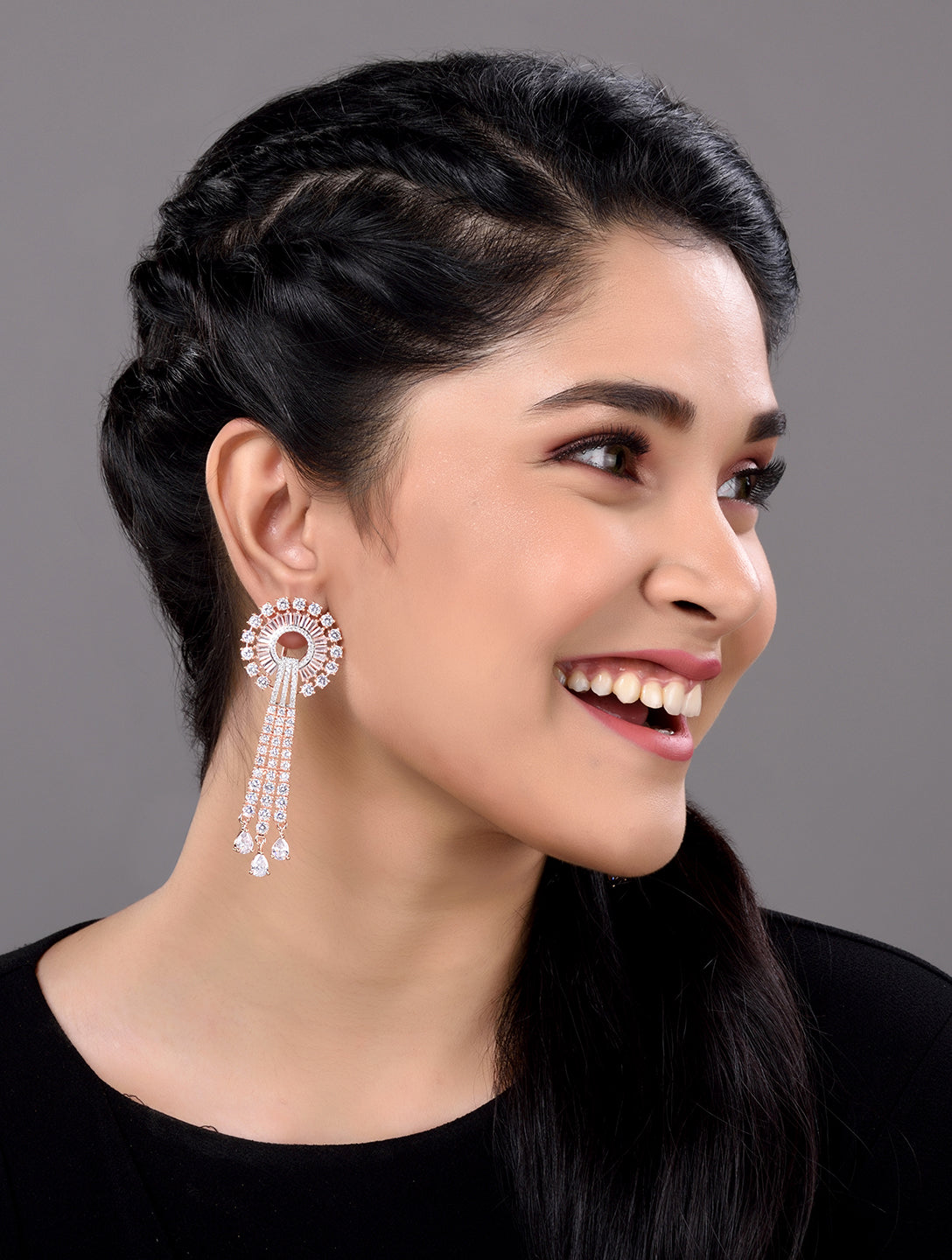 Rose Gold plated White AD studded Knotted Long Dropdown Handcrafted Earrings