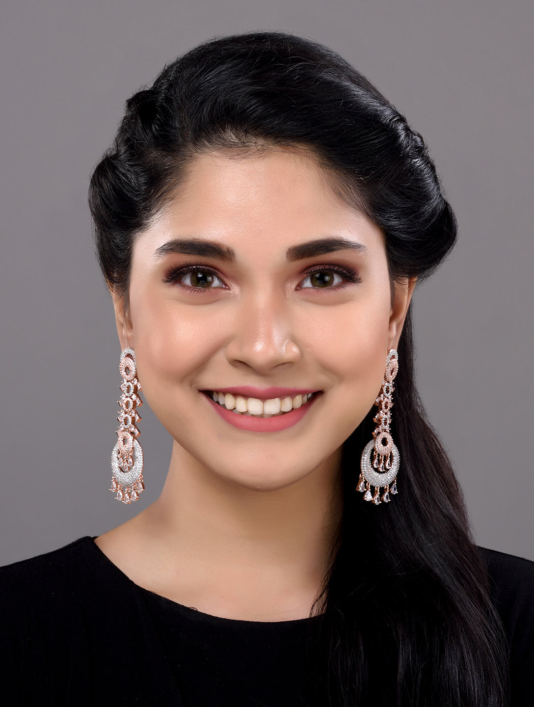 Rose Gold Plated White AD studded Circular Chandelier Dropdown Handcrafted Earrings