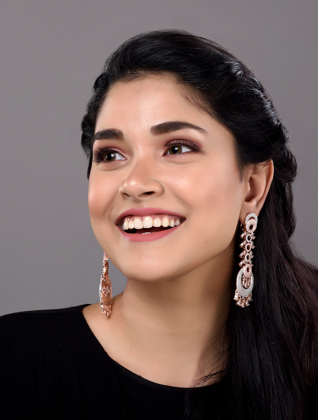 Rose Gold Plated White AD studded Circular Chandelier Dropdown Handcrafted Earrings