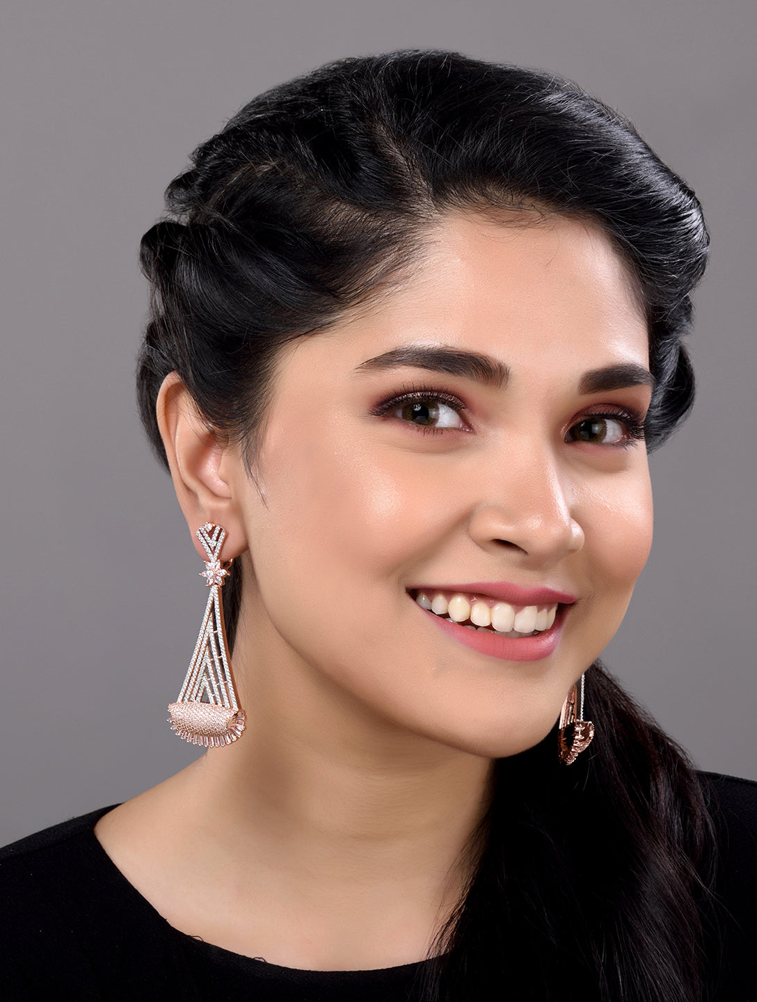 Rose Gold Plated White AD Stone studded Geometrical Jhumka Style Handcrafted Earrings