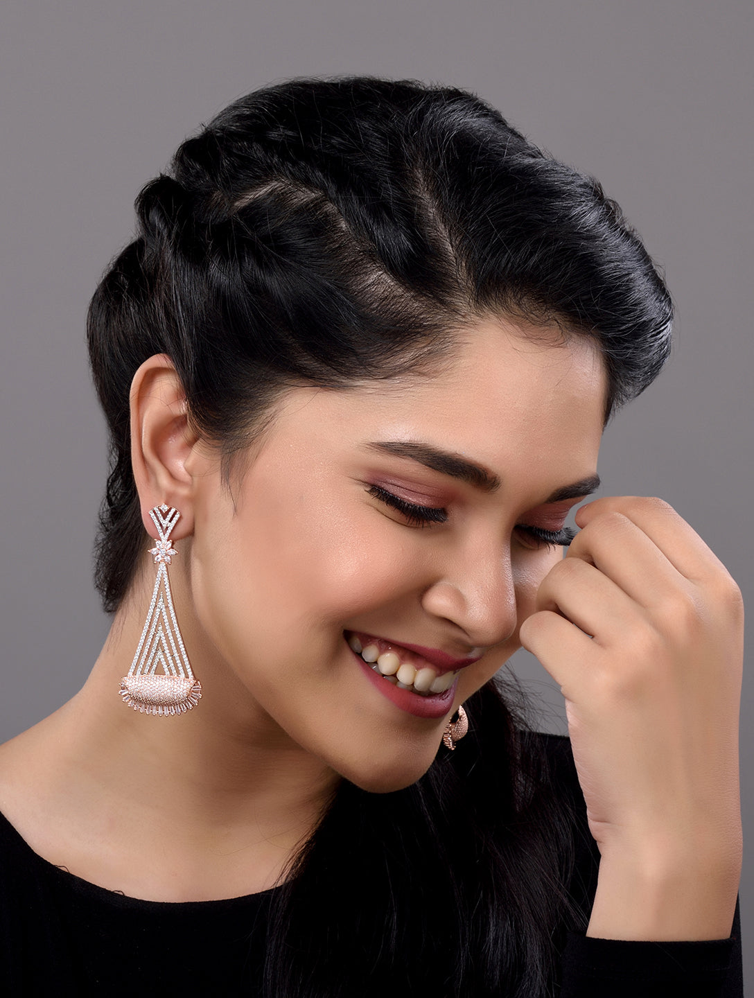 Rose Gold Plated White AD Stone studded Geometrical Jhumka Style Handcrafted Earrings
