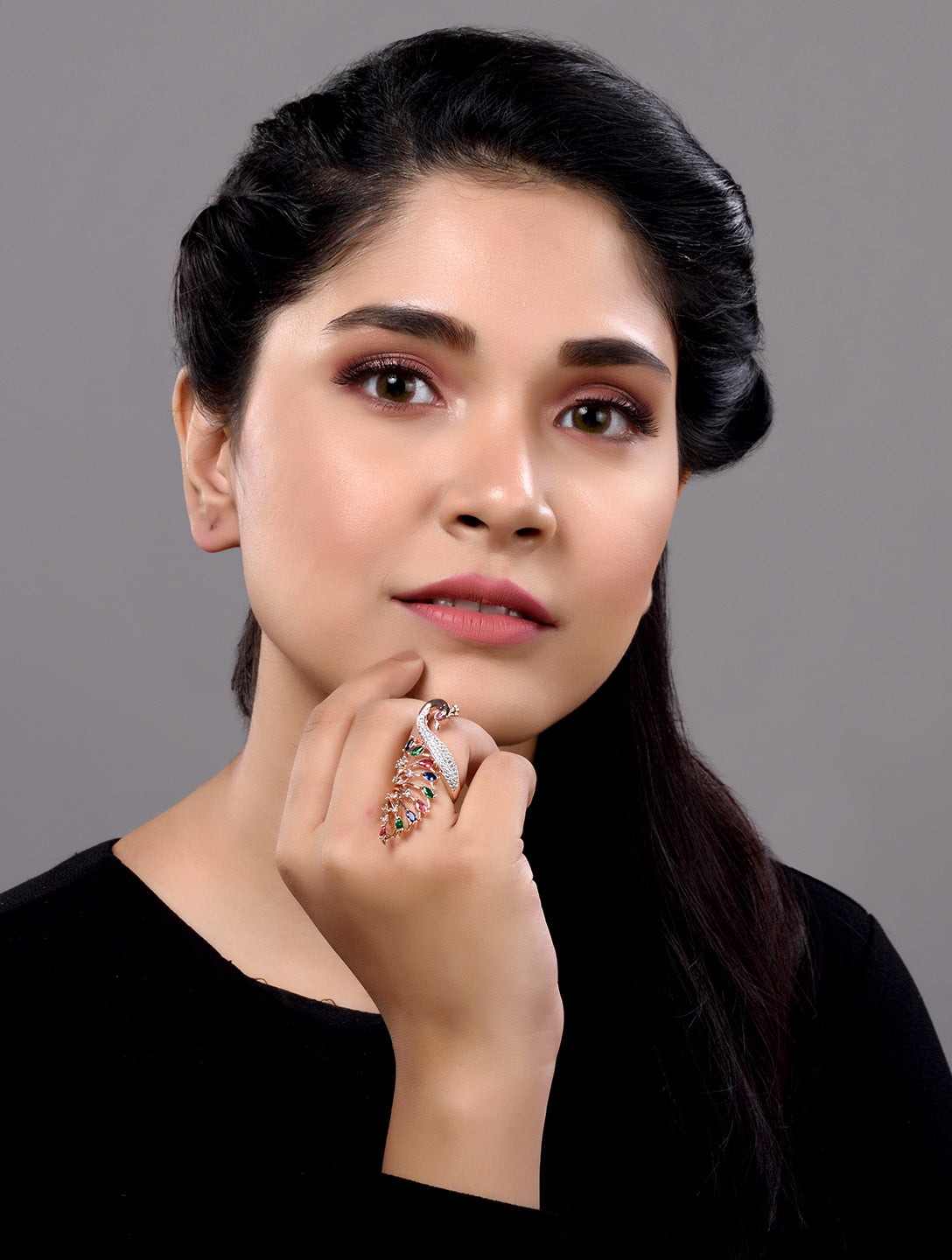 Rose Gold Plated Multi AD studded Peacock Handcrafted Finger Ring