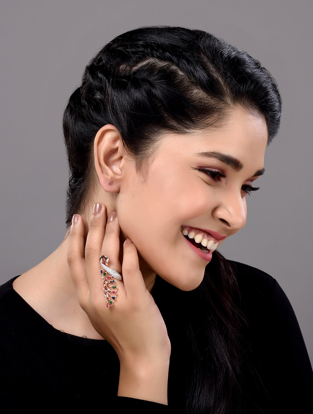 Rose Gold Plated Multi AD studded Peacock Handcrafted Finger Ring