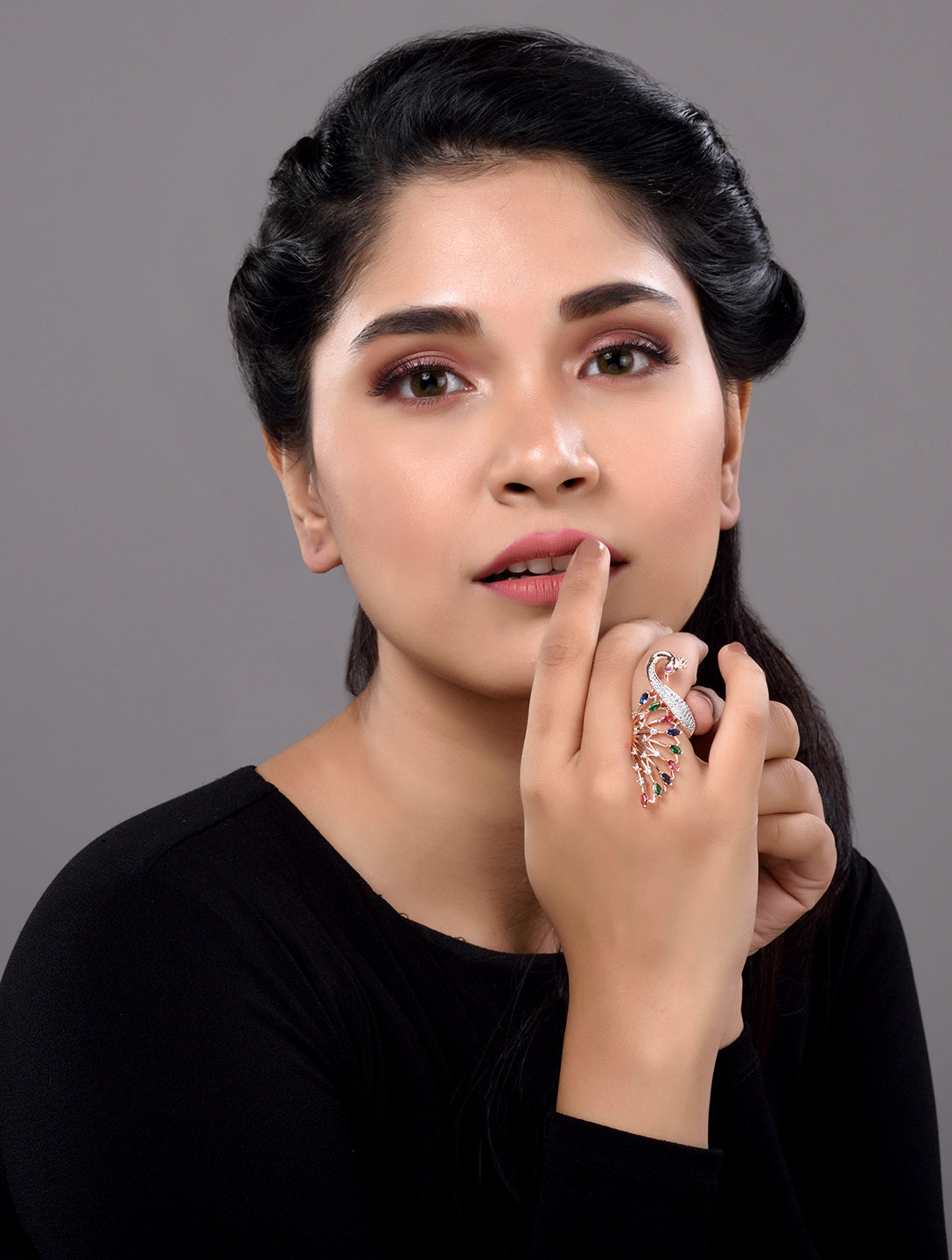 Rose Gold Plated Multi AD studded Peacock Handcrafted Finger Ring