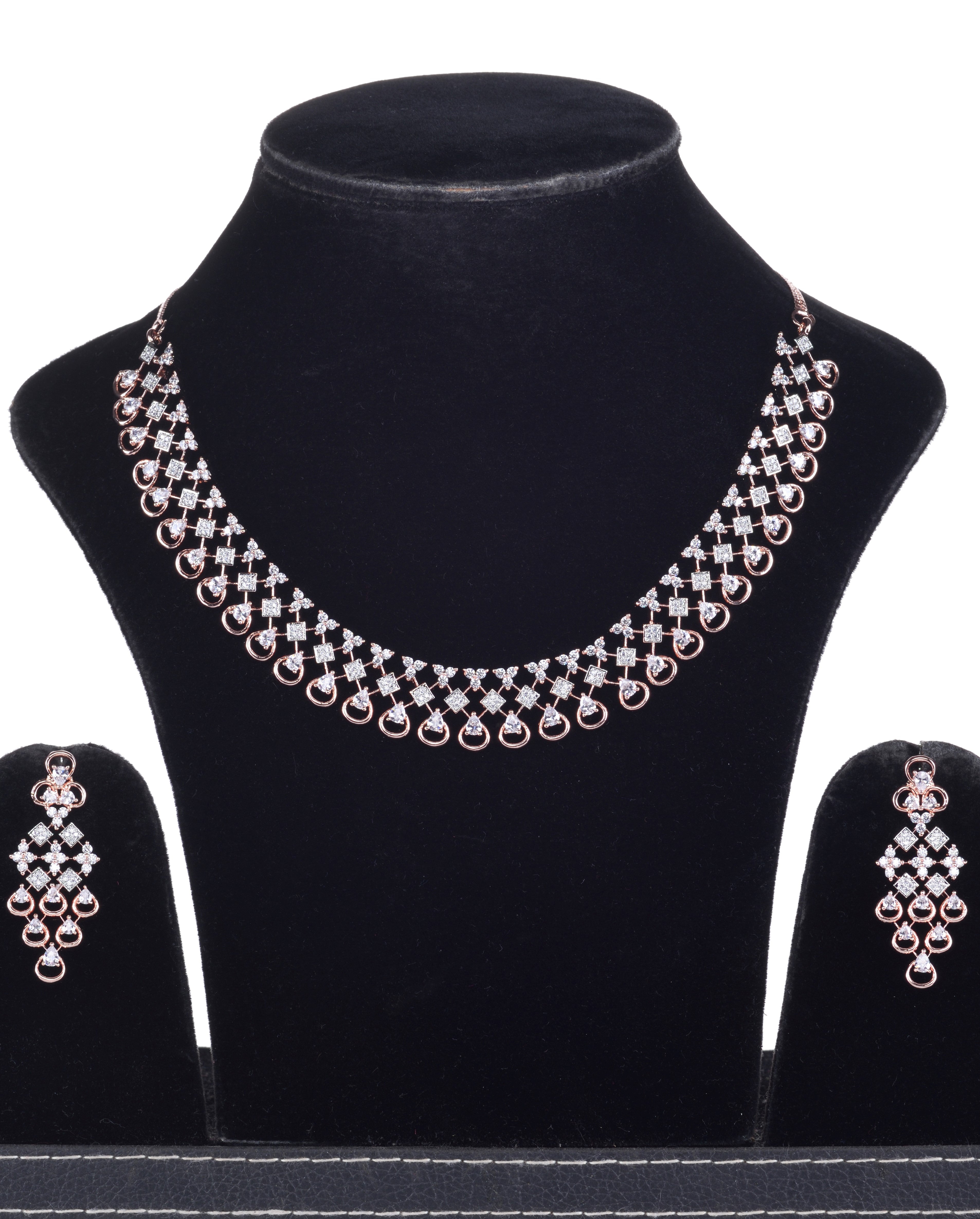 Rose Gold plated Unique Design AD studded Necklace Earrings