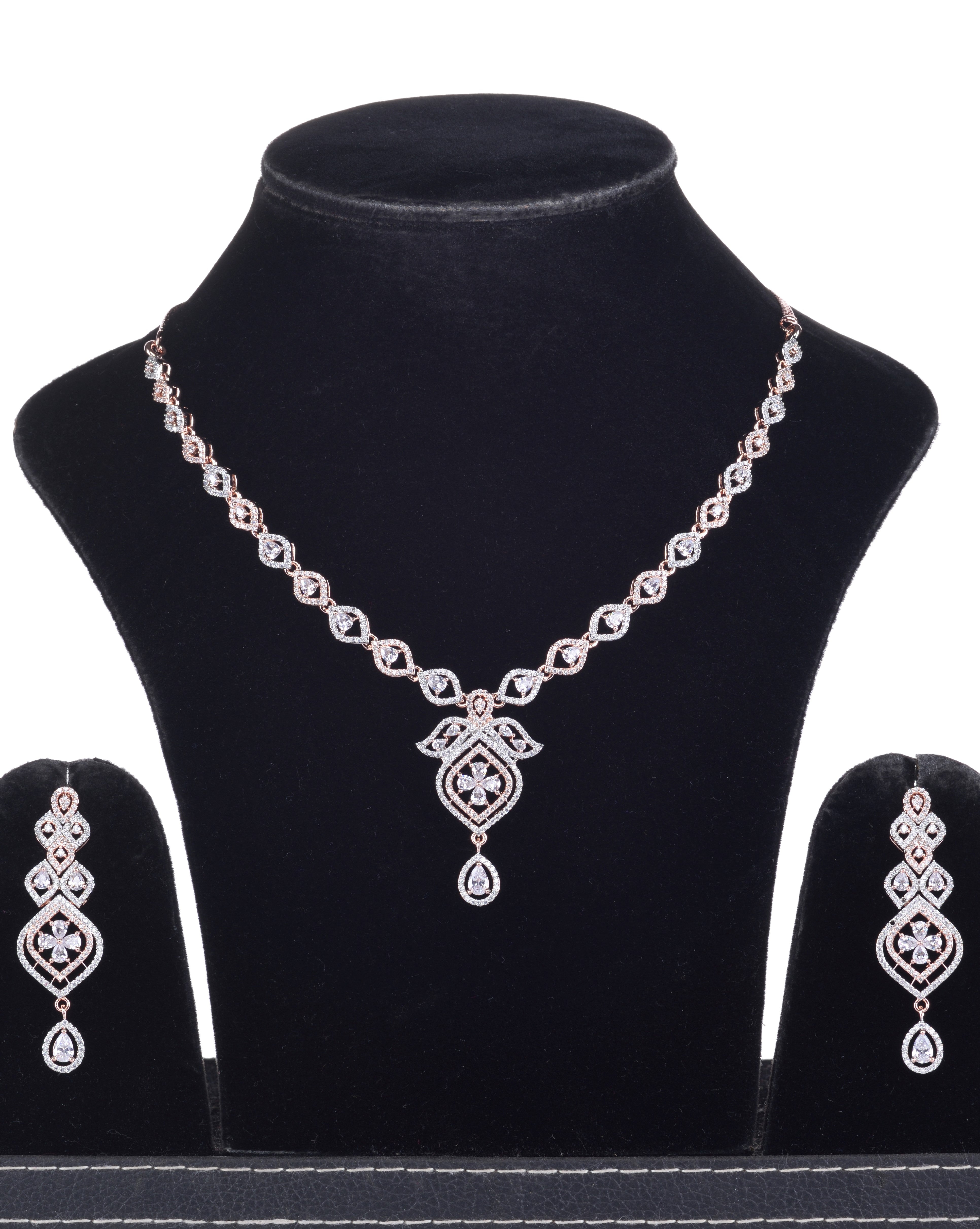 Rose Gold plated Contemporary AD studded Necklace Earrings