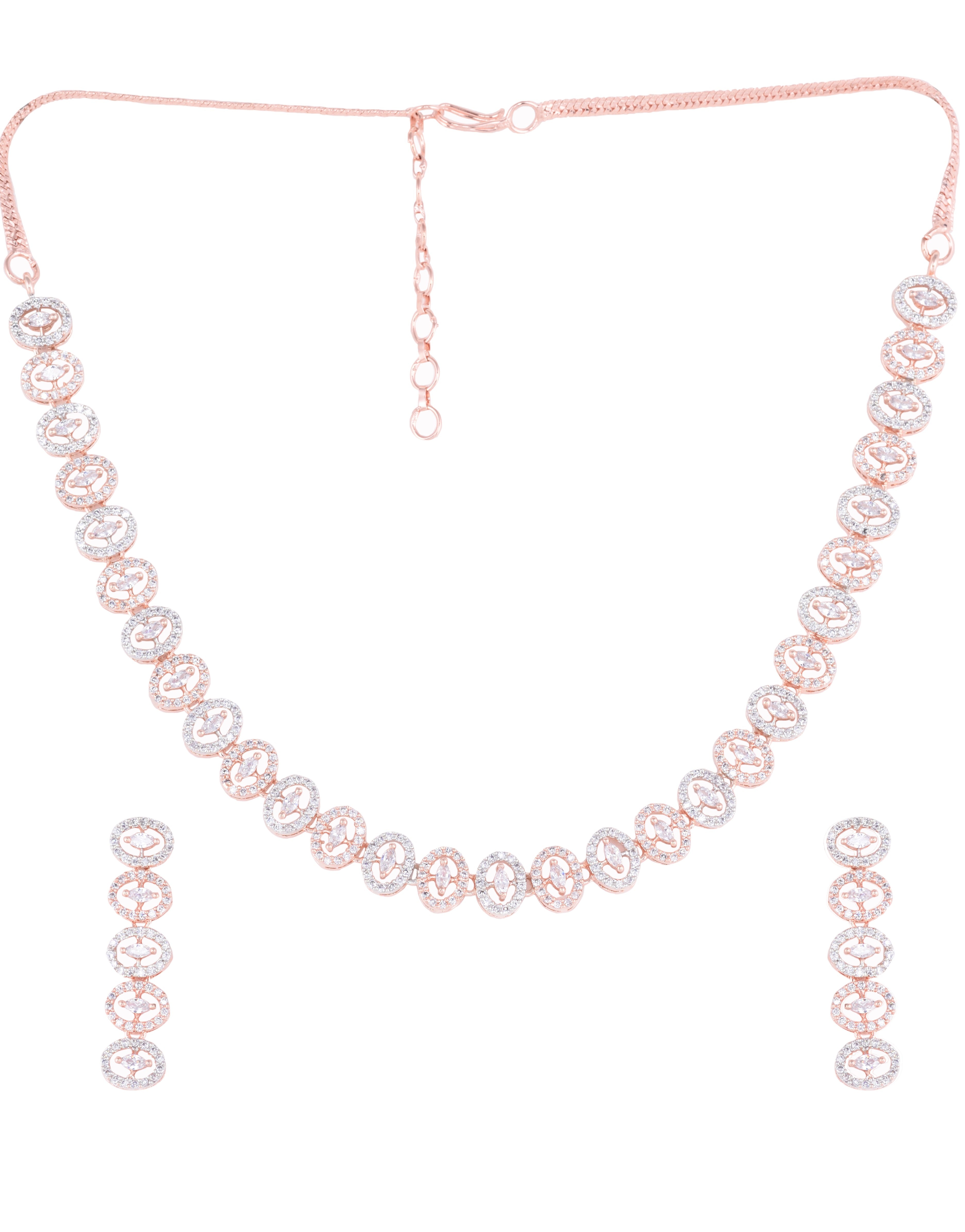 Rose Gold plated Oval shaped AD studded Necklace Earrings
