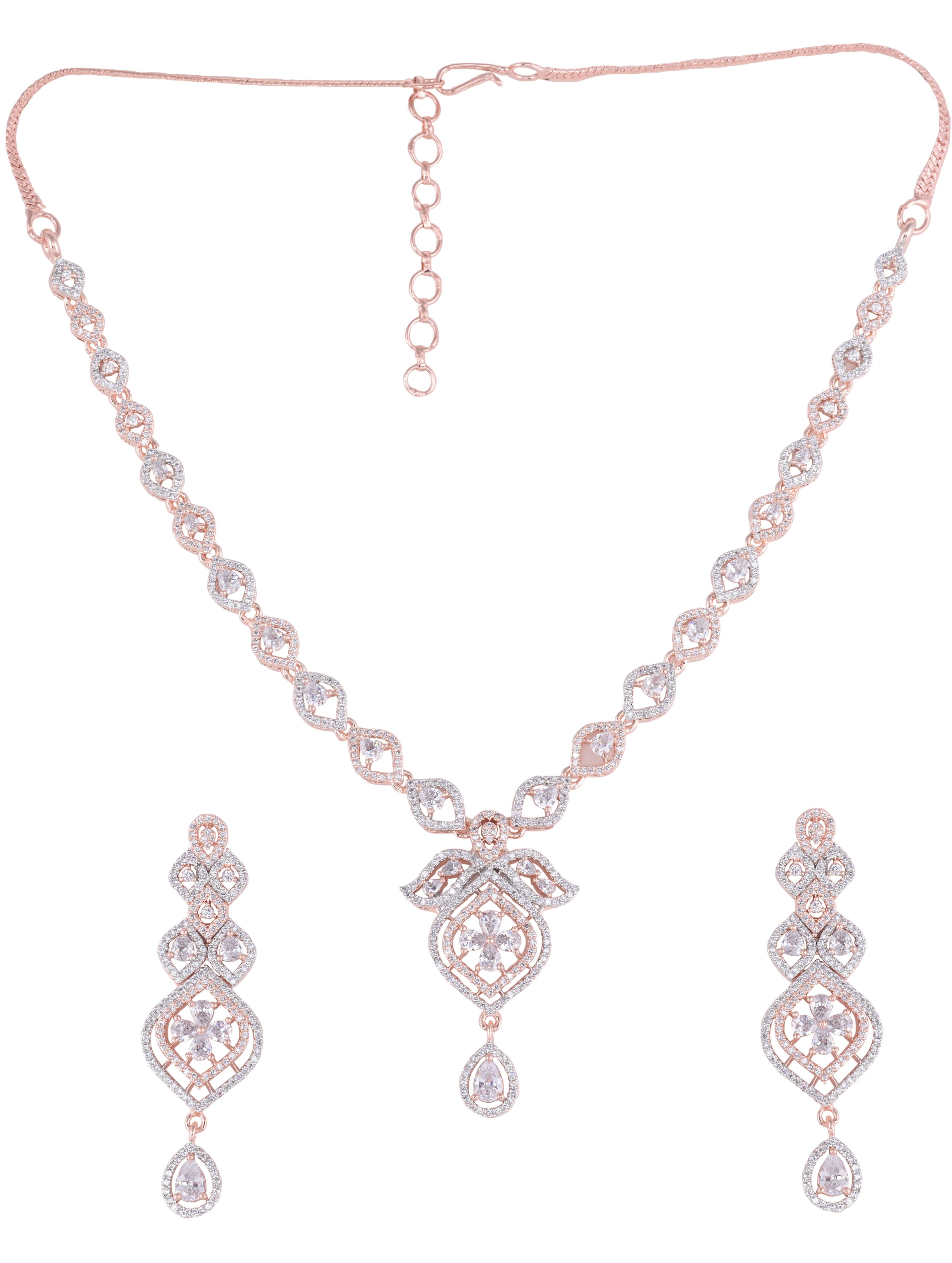 Rose Gold plated Contemporary AD studded Necklace Earrings