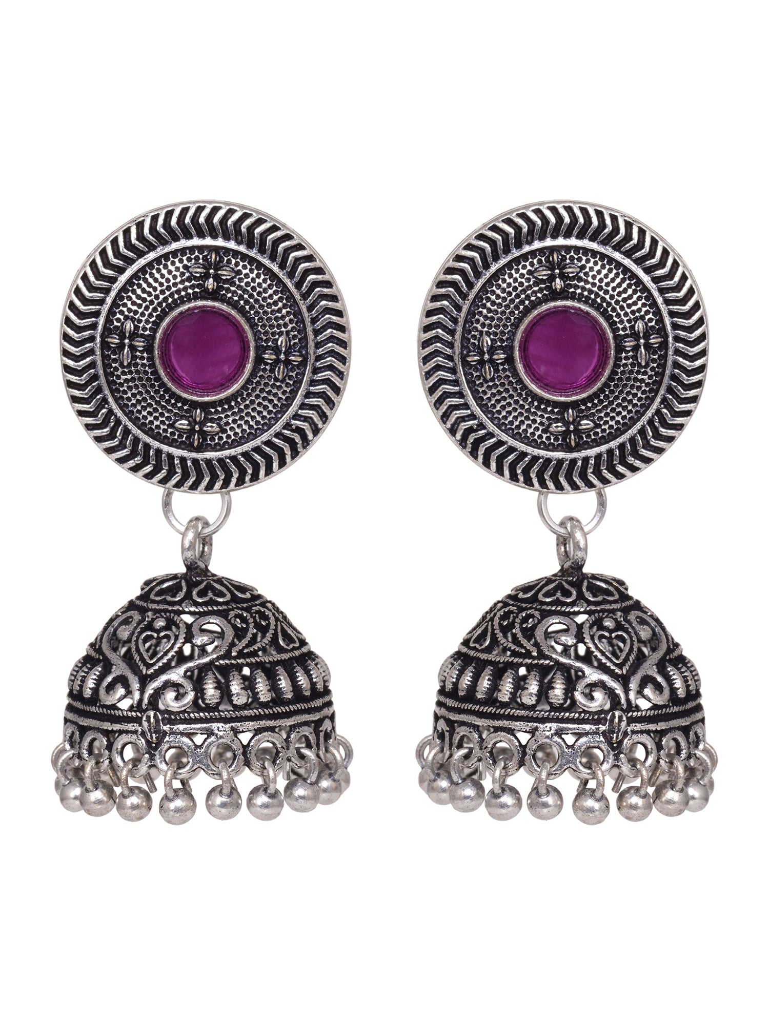 Oxidised Silver Plated Red Stone Studded Jhumka Earrings