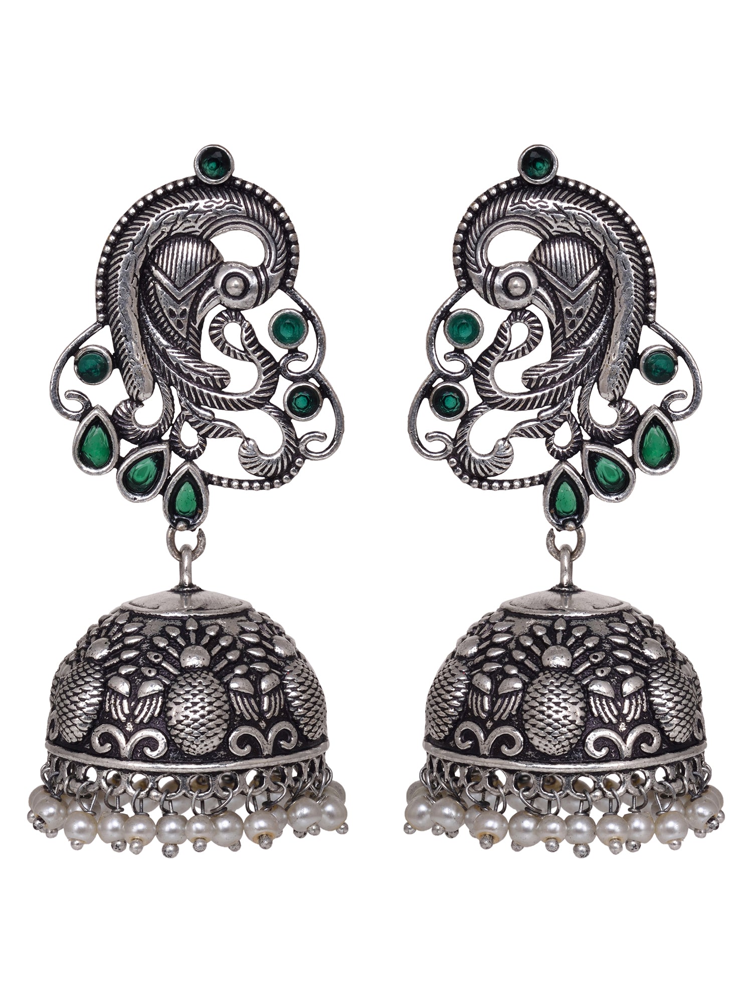 Silver Oxidised Peacock Contemporary Jhumka Earrings