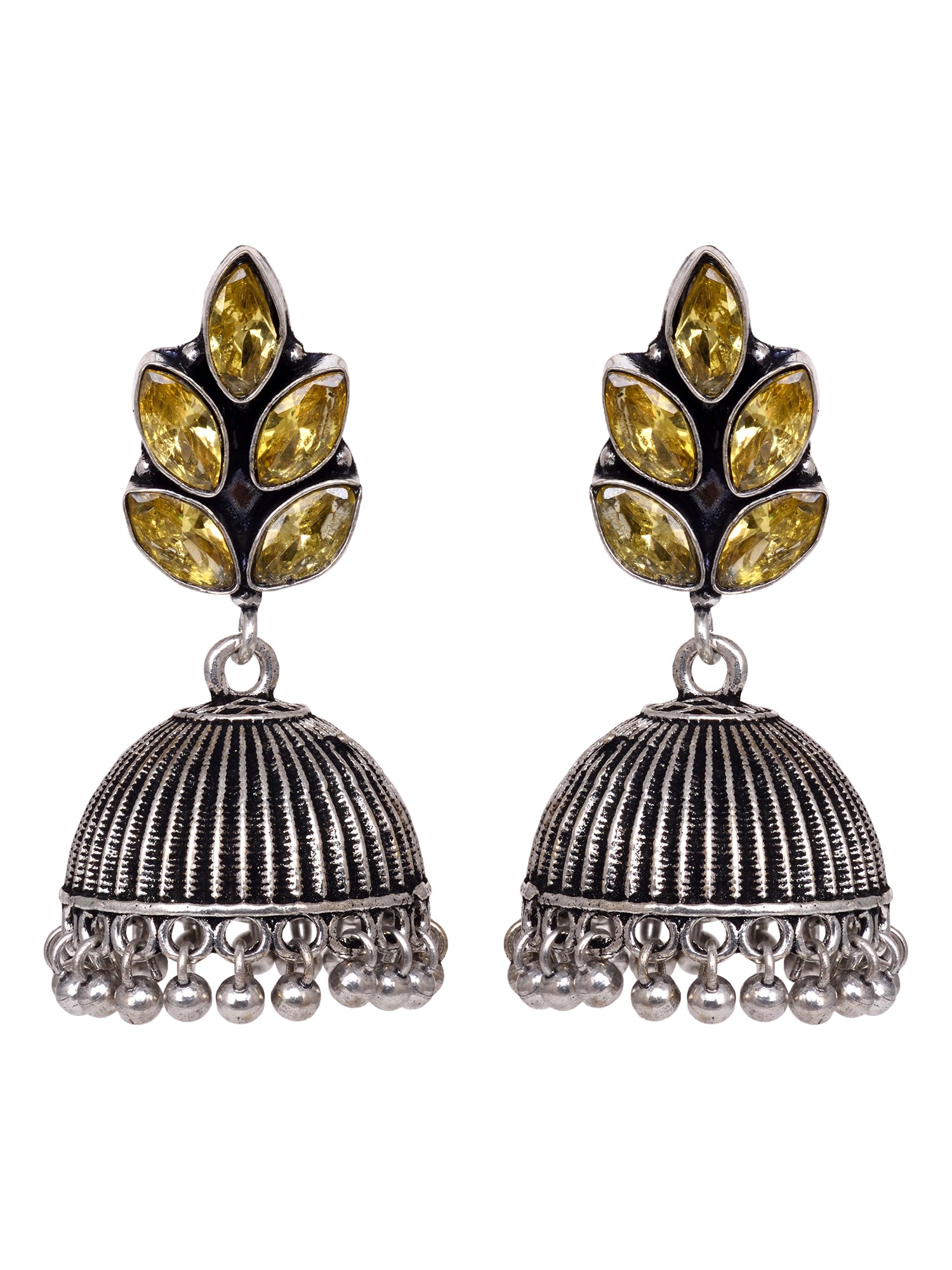 Oxidised Silver Toned Yellow Stone Studded Jhumka Earrings