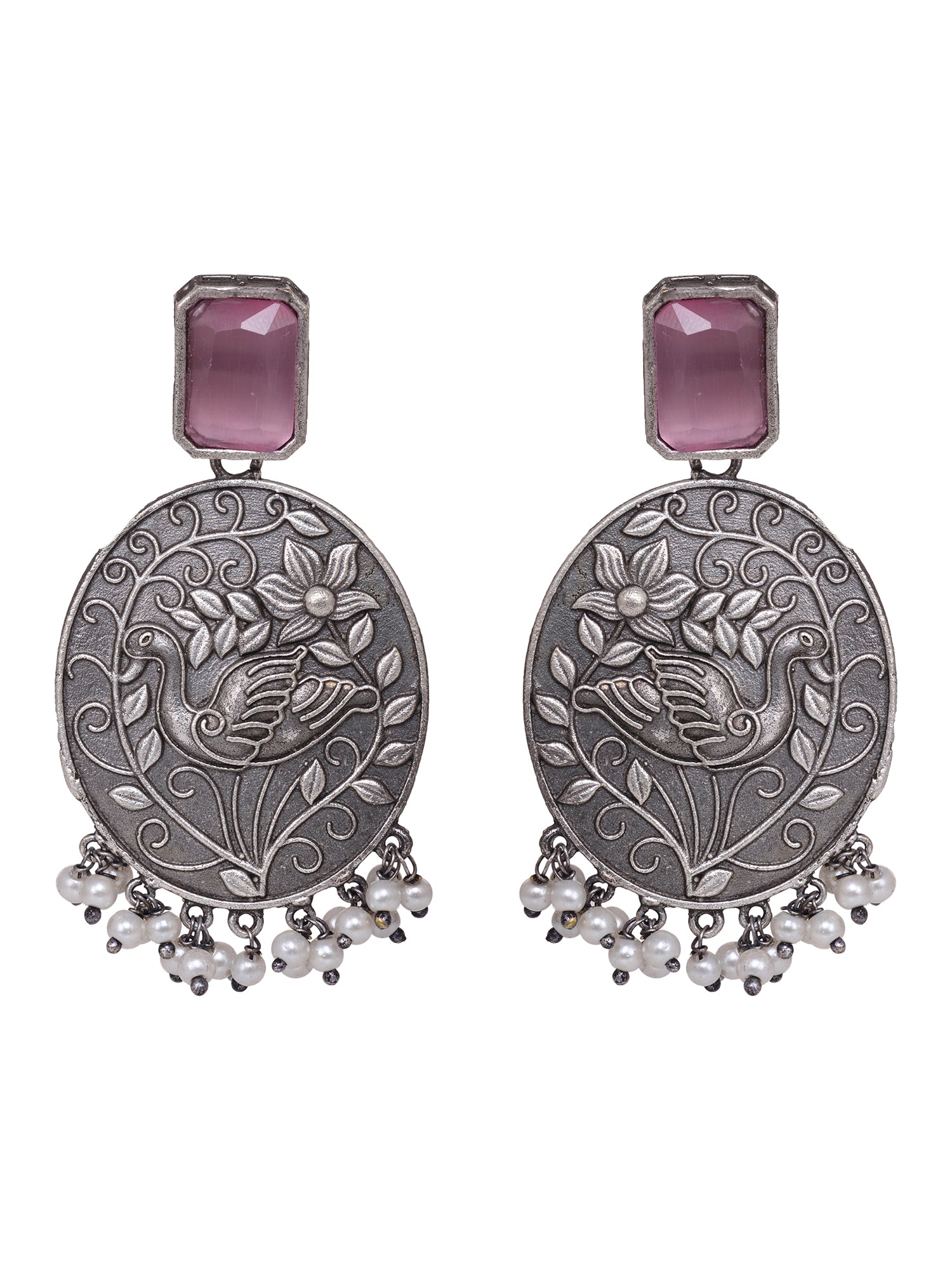 Silver Oxidised Pink Stone Studded Contemporary Earrings