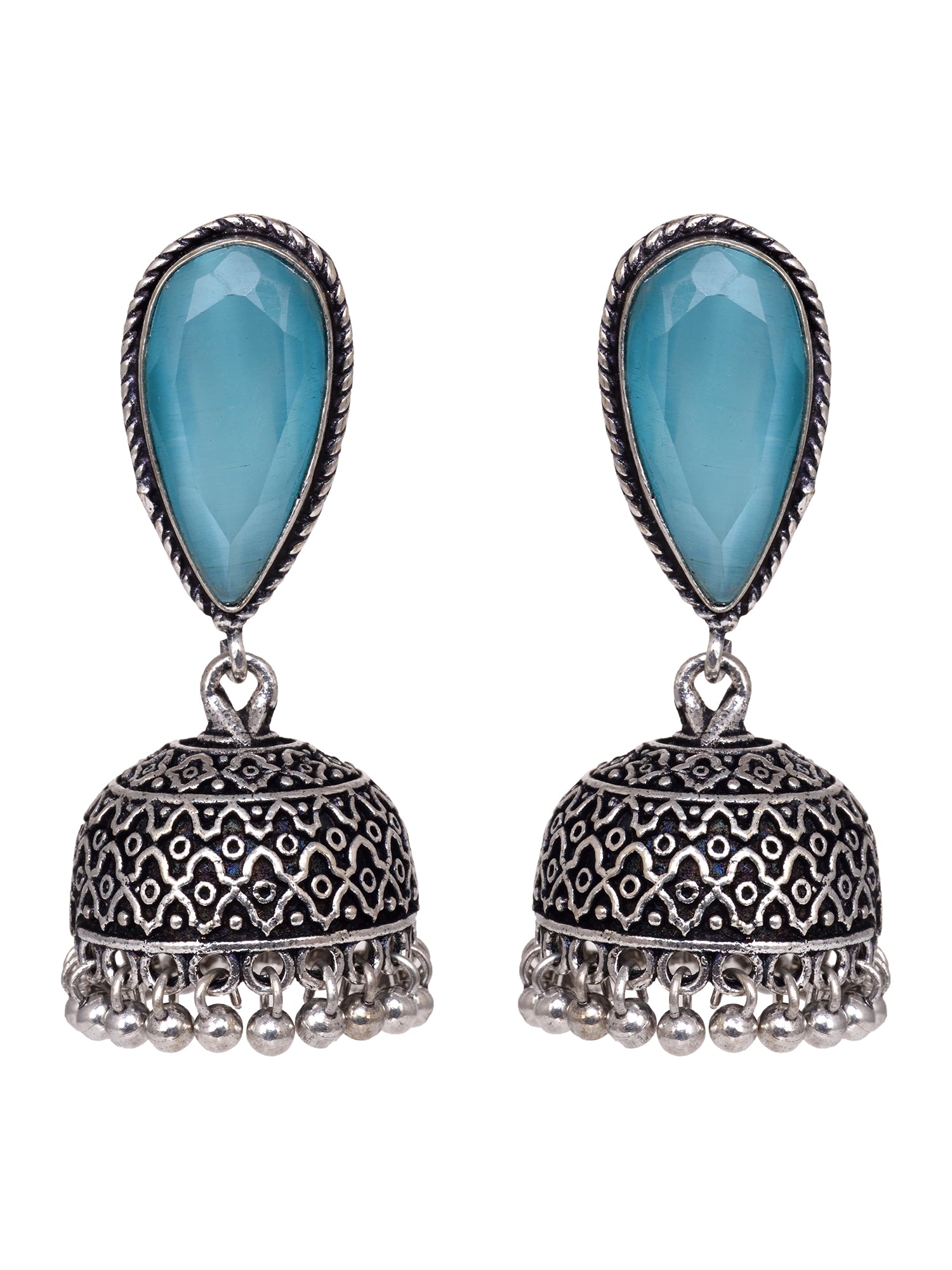 Oxidised Silver Turquoise Stone Studded Filigree Jhumka Earrings