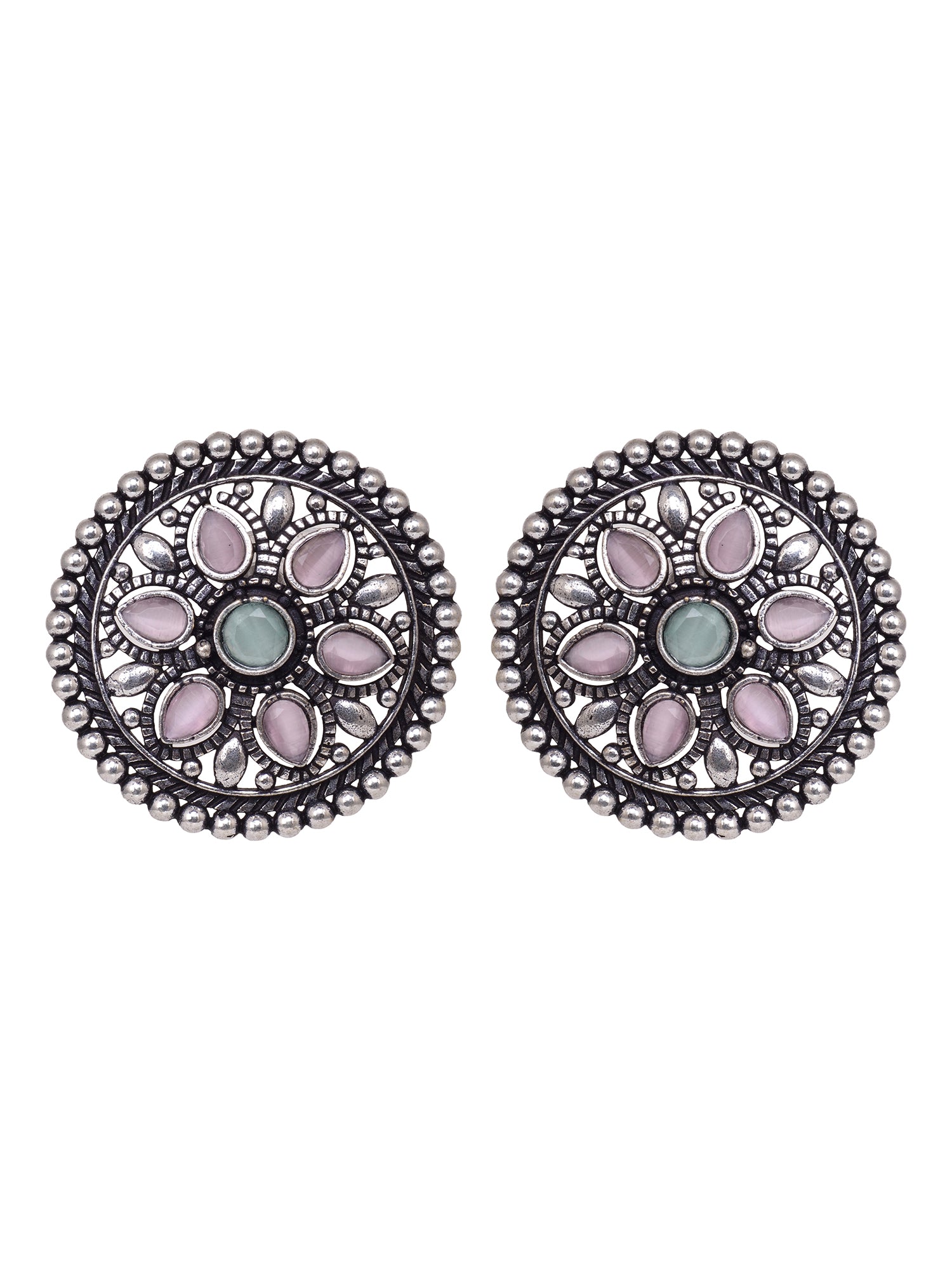 Oxidised Silver Plated Pink Mint Studds Earrings