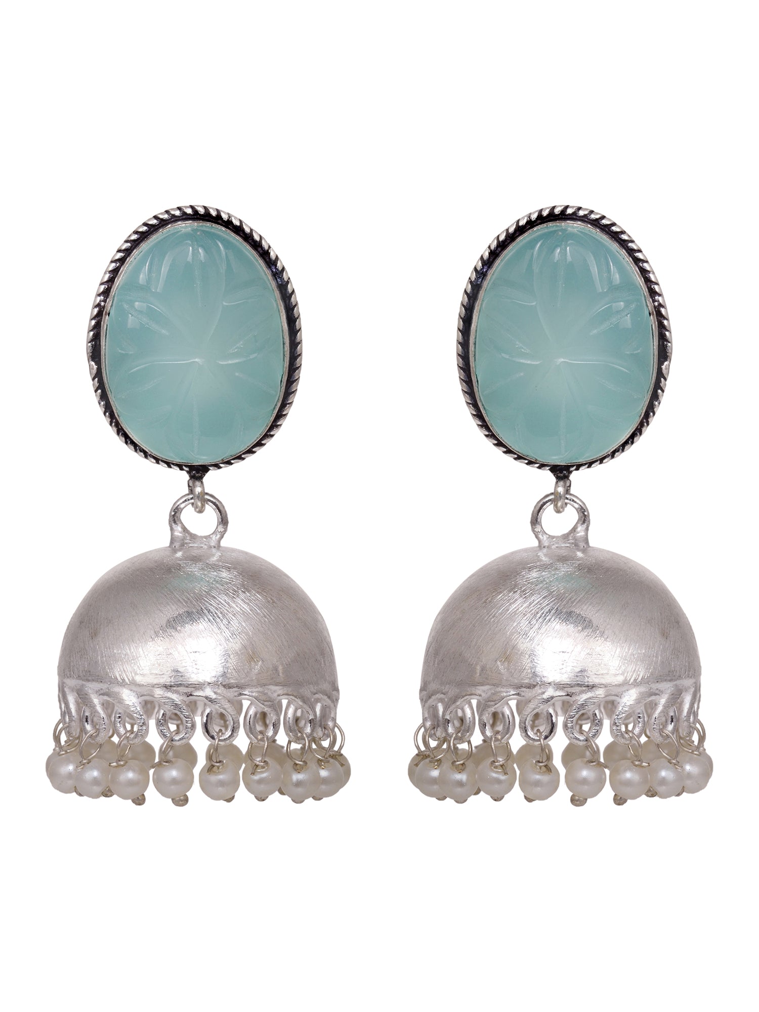 Silver Toned Turquoise Stone Studded Jhumka Earrings