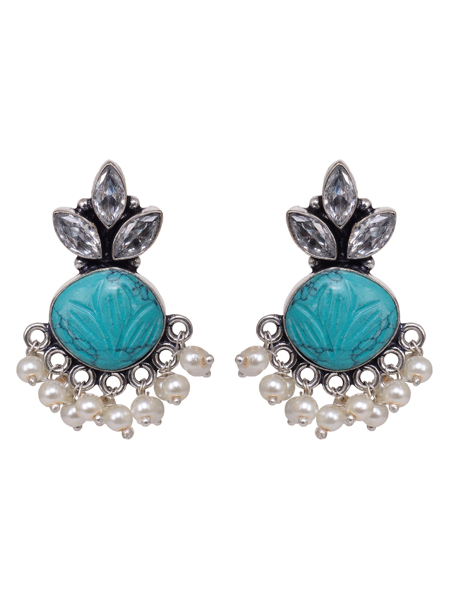 Oxidised Silver Toned Aqua Stone Studded Jhumka Earrings