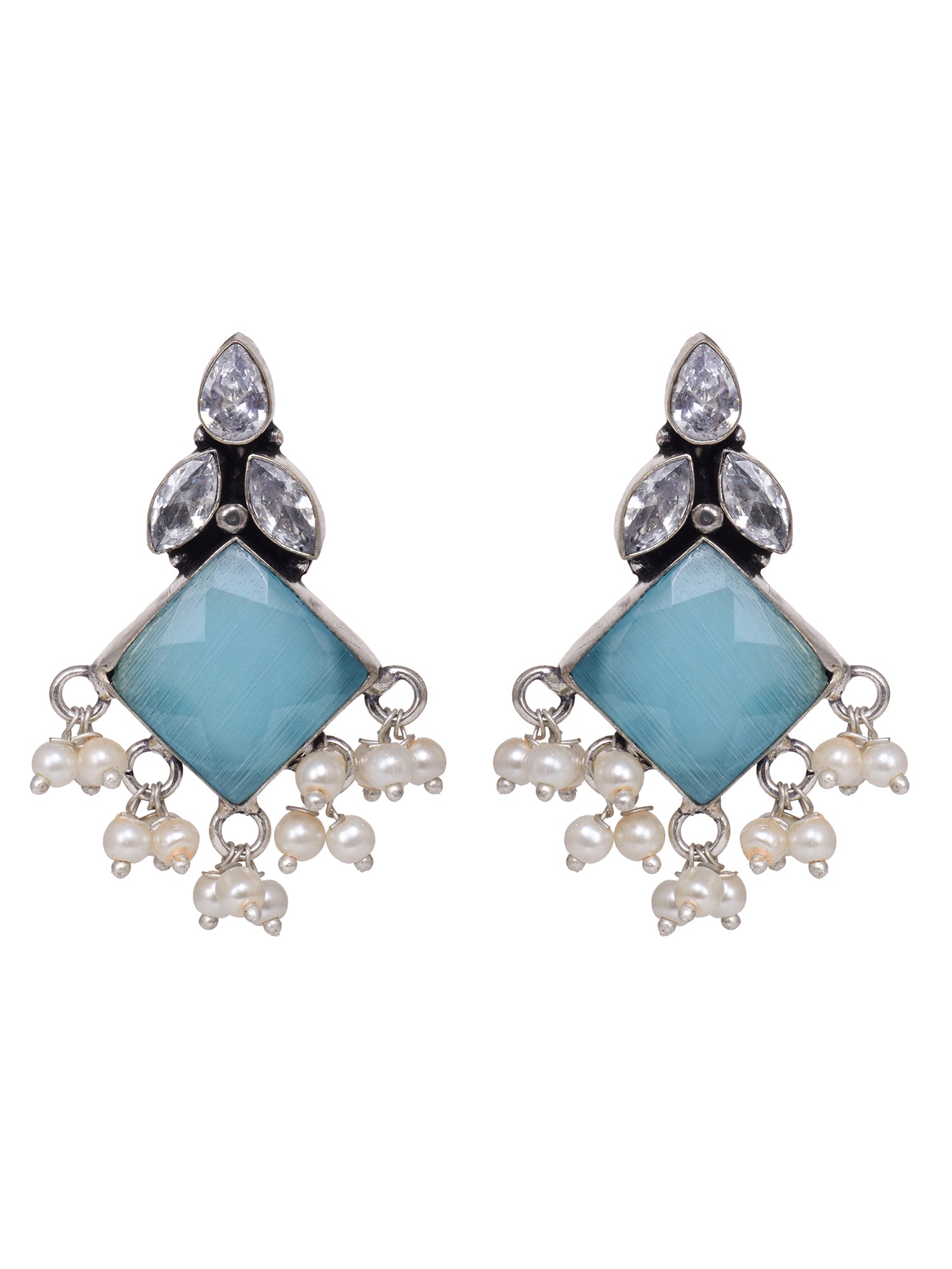 Oxidised Silver Toned Turquoise Stone Pearl Studded Earrings