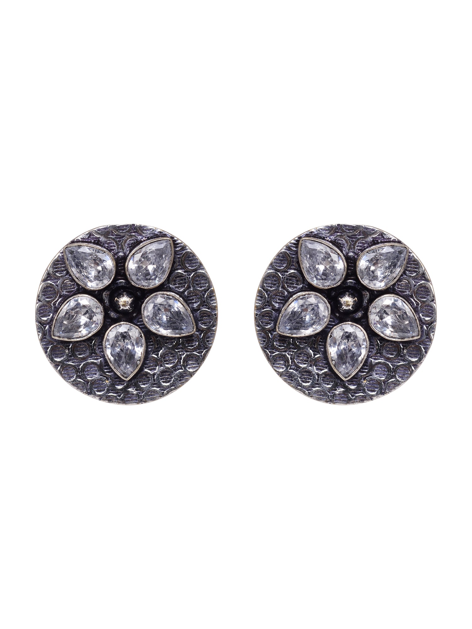 Oxidised Silver Toned White Stone Studds Earrings