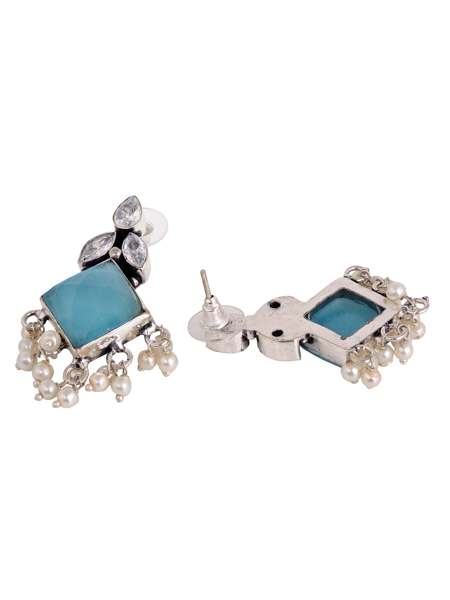 Oxidised Silver Toned Turquoise Stone Pearl Studded Earrings