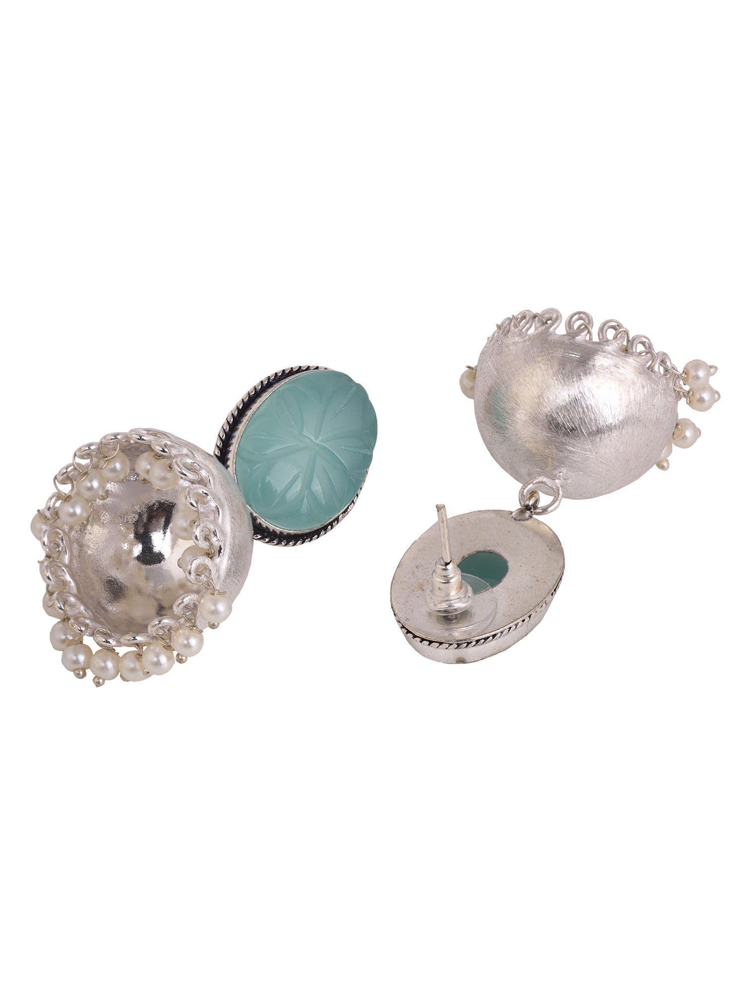 Silver Toned Turquoise Stone Studded Jhumka Earrings