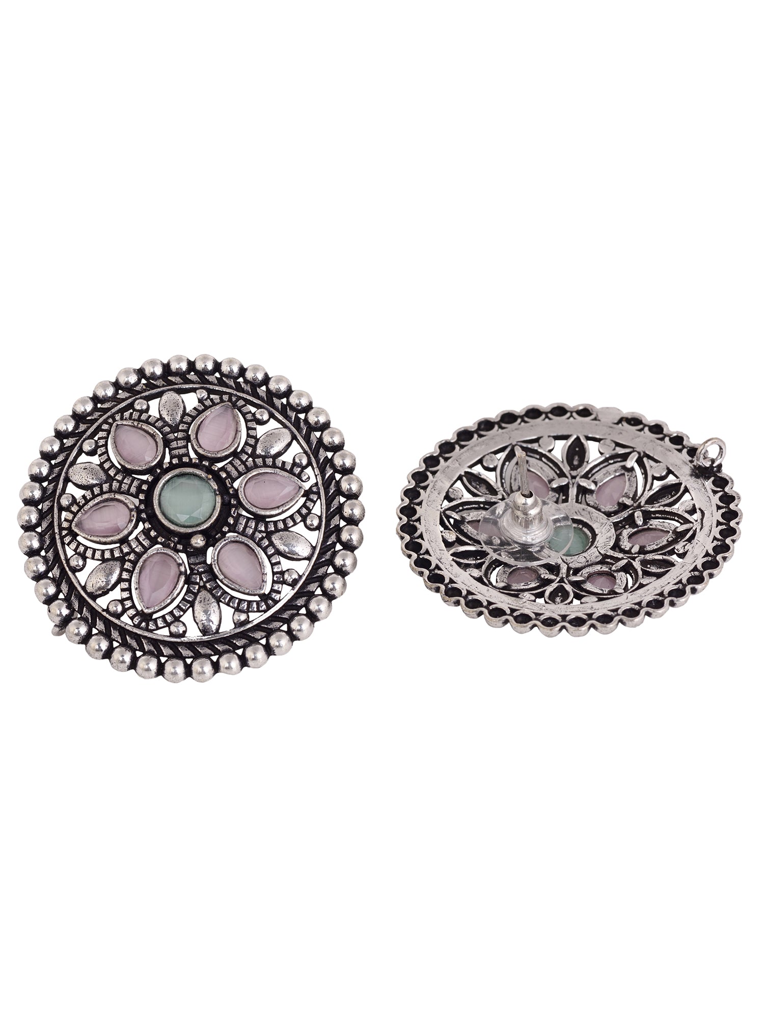 Oxidised Silver Plated Pink Mint Studds Earrings