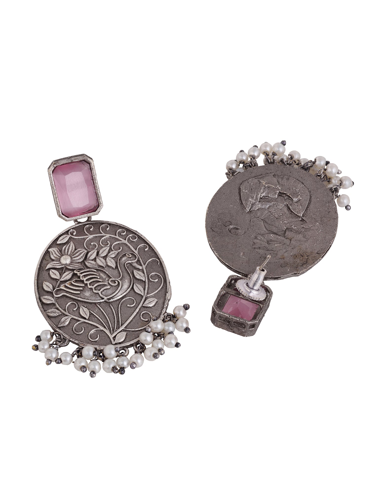 Silver Oxidised Pink Stone Studded Contemporary Earrings