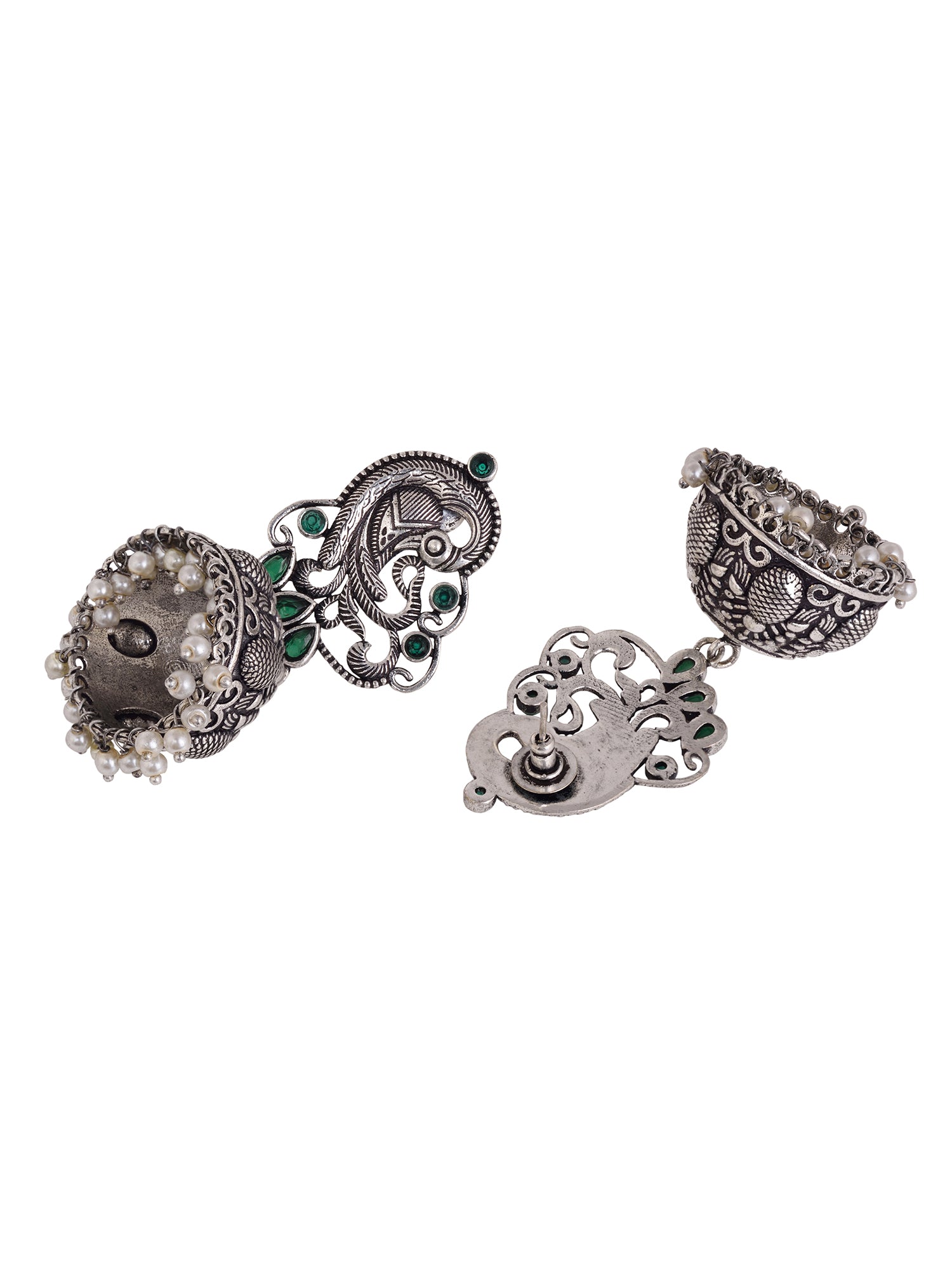 Silver Oxidised Peacock Contemporary Jhumka Earrings