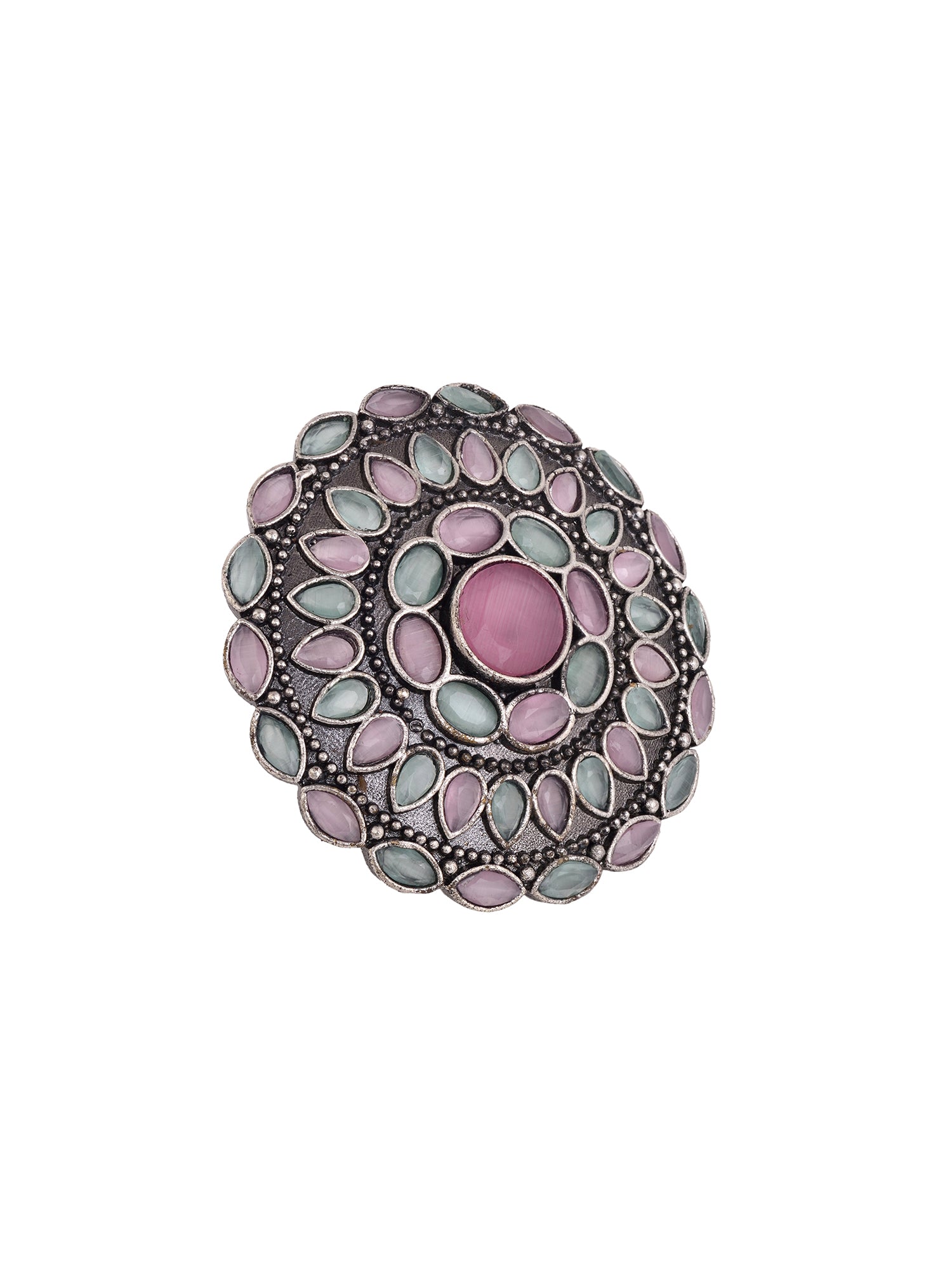 Oxidised Silver Plated Pink Mint Stone Studded Finger Ring
