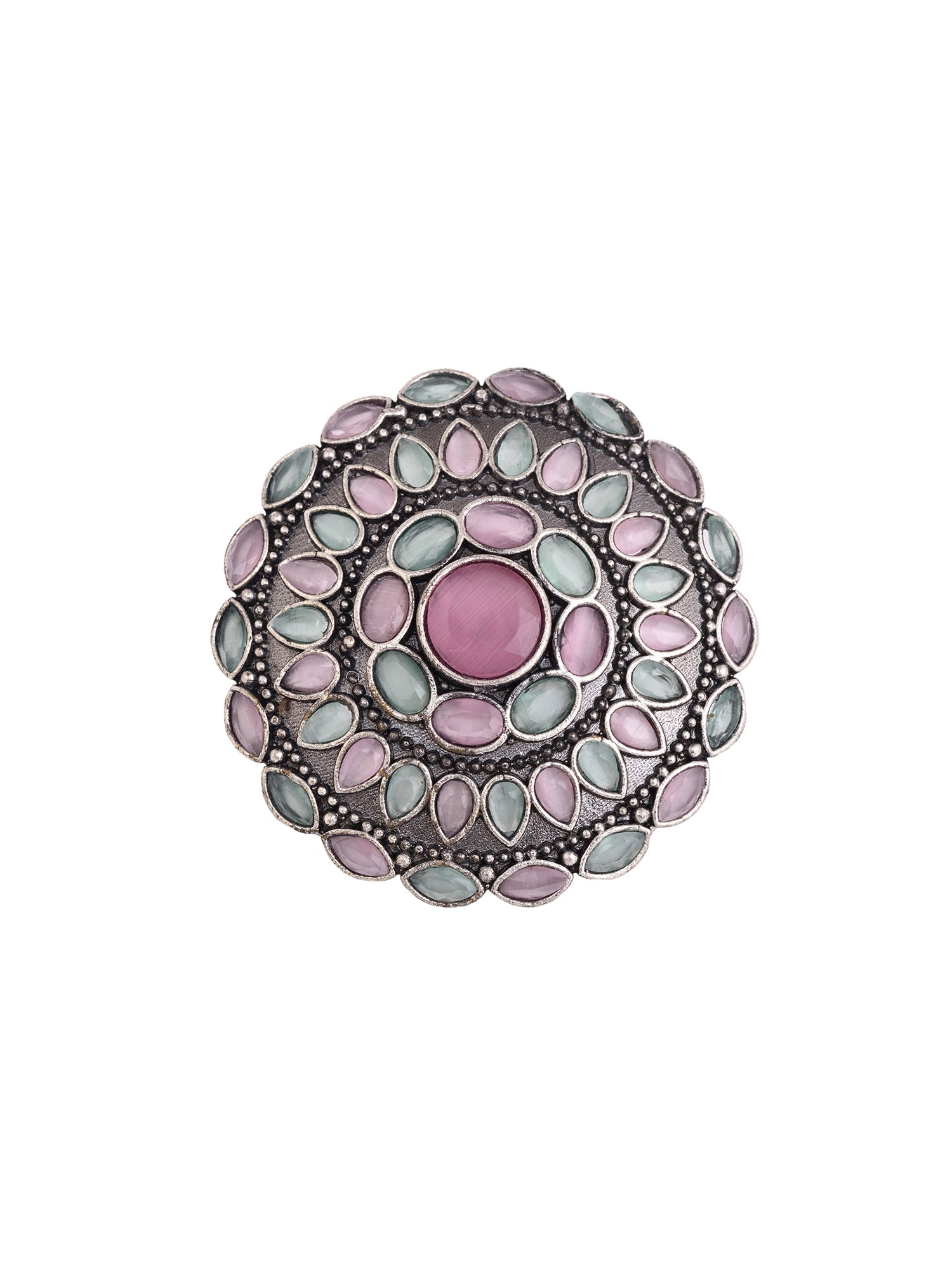 Oxidised Silver Plated Pink Mint Stone Studded Finger Ring